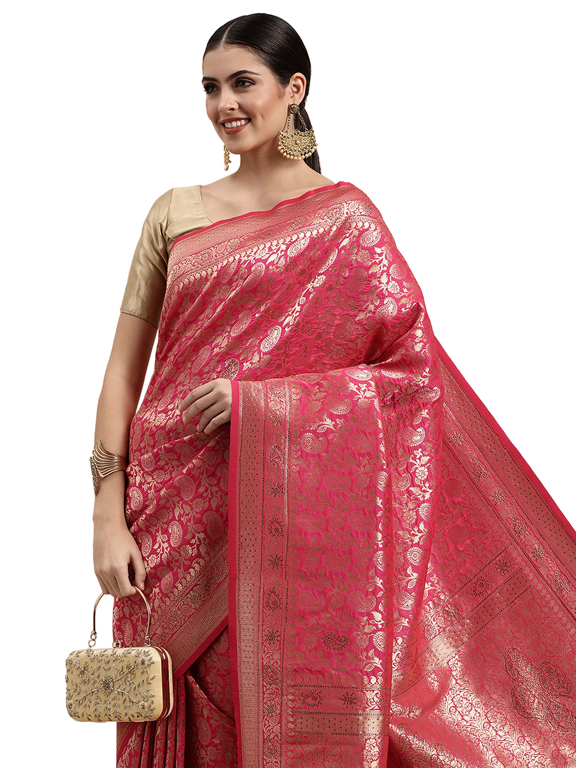MOHEY Sari da donna, tessuto sari con camicetta PieceAll Over Jaal e Border Art Silk Sari