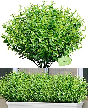 DDHS 10 Bundles Artificial Greenery Plants Stems Outdoor UV Resistant, Faux Boxwood Stems Foliage Shrubs for Indoor Outdoor Bathroom Office Kitchen Table Vase Centerpiece Garden Porch Farmhouse Decor
