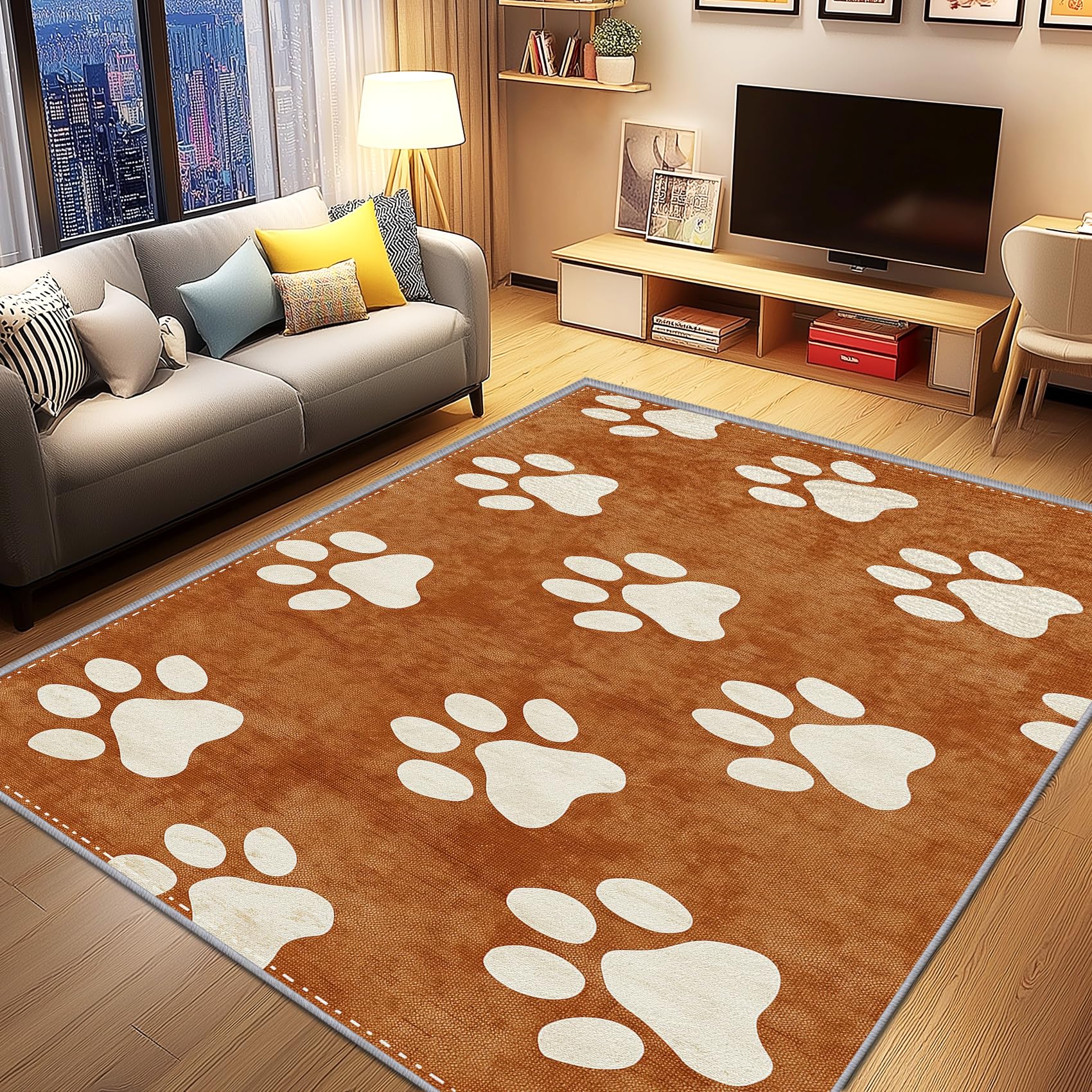 Hundepfoten Deko, Hunde Beige Braun Teppich 100x150 Kurzflor, Teppich Wohnzimmer Lustige Welpe, Weich rutschfest Waschbare Teppiche, Bettvorleger Schlafzimmer Kinderzimmer