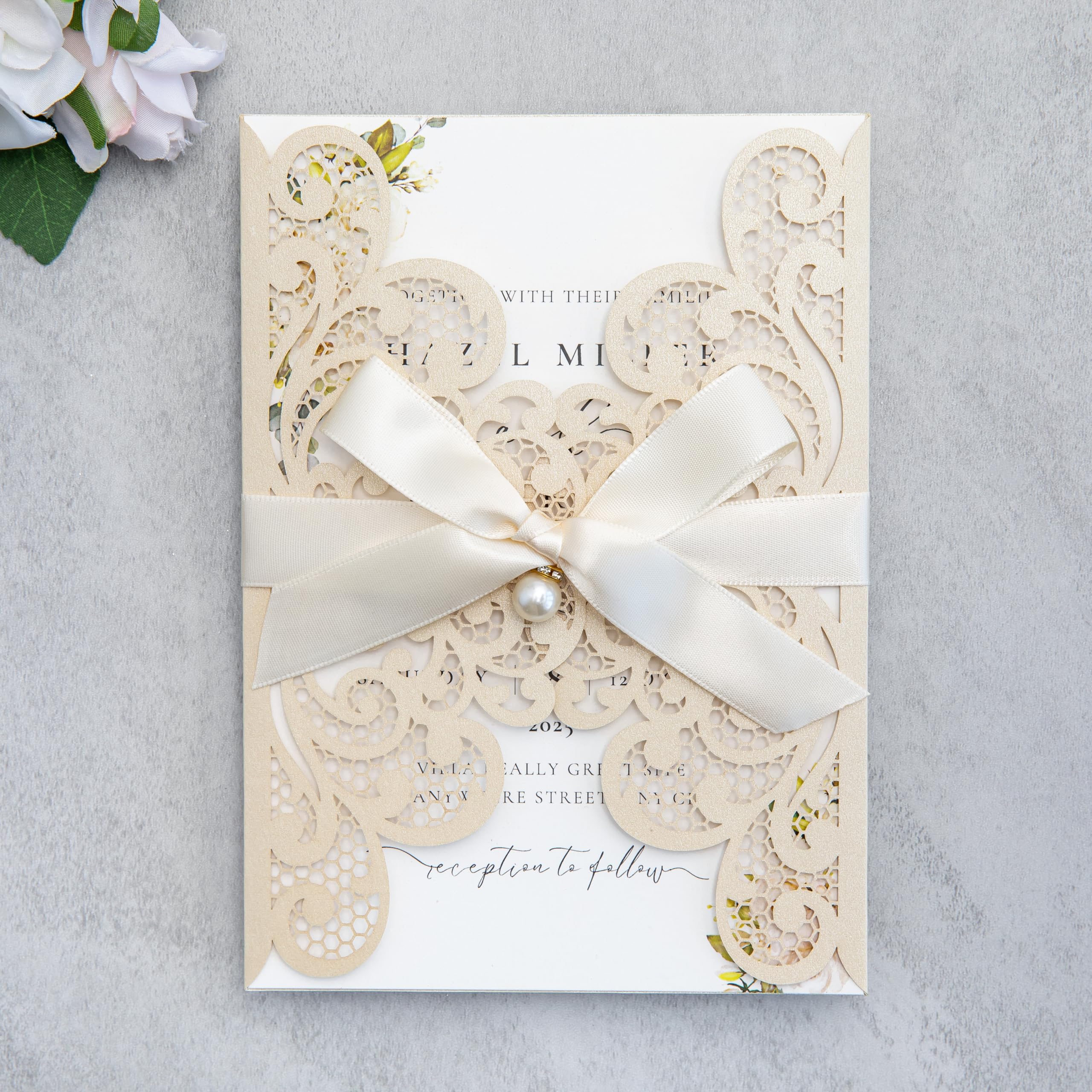 FEIYI 20Pcs 5.12x7.09 inch Laser Cut Wedding Invitation Cards With Envelopes and Ribbons for Quinceanera Bridal Shower Baby Shower Party Invite (