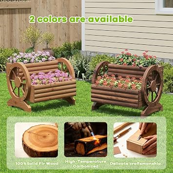 Wooden Wagon Planter Cute Garden Flower Pots Cart with wheels, Outdoor Decoration decor Indoor, Drainage hole, Garden decor for succulents herbs veggies for porch patio balcony (Carbonized, Medium)