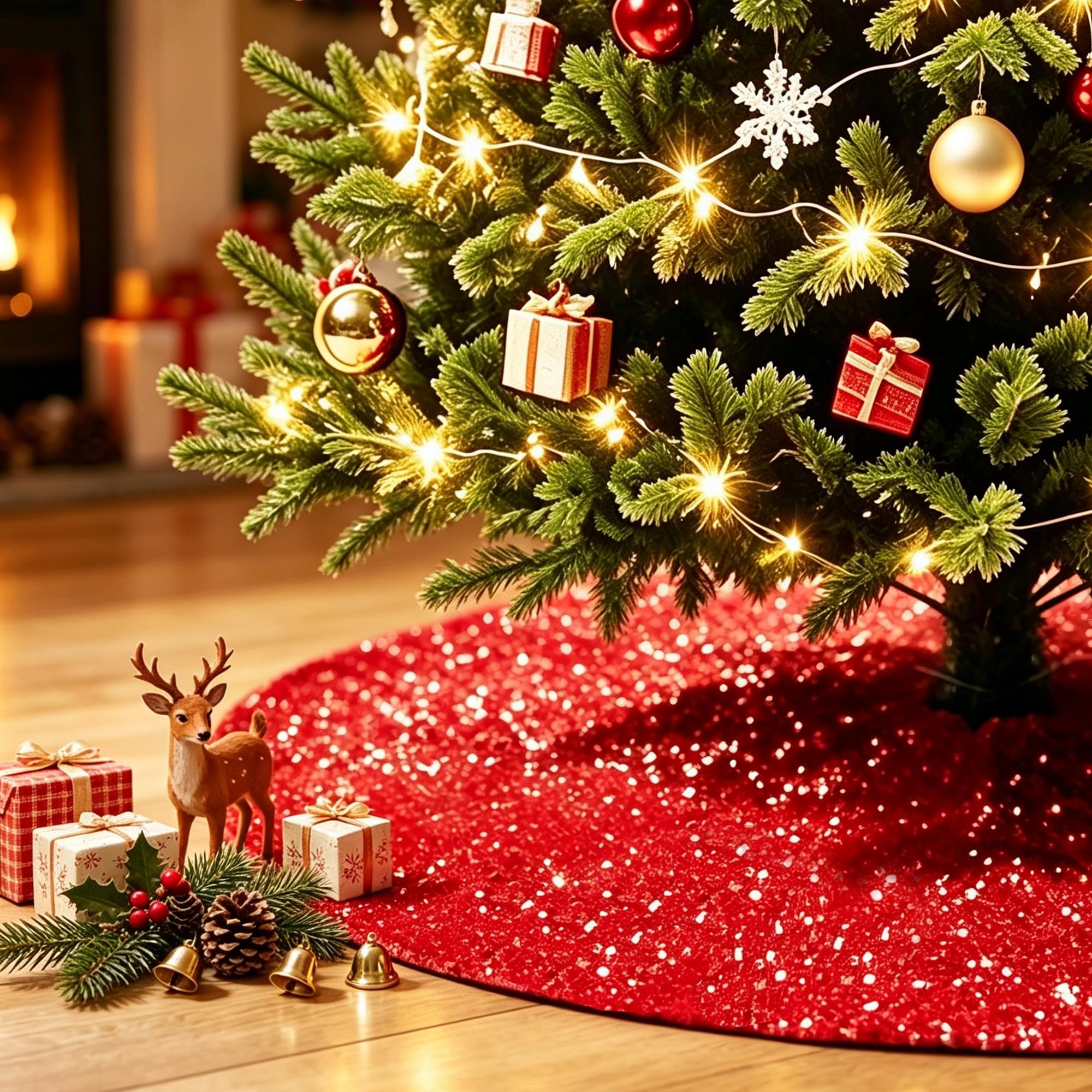 Christmas Tree Skirt 48 Inch, Red Sequin Christmas Trees Skirt, Large Sparkle Xmas Tree Stand Base Used for Christmas Holiday Indoor Home Decoration