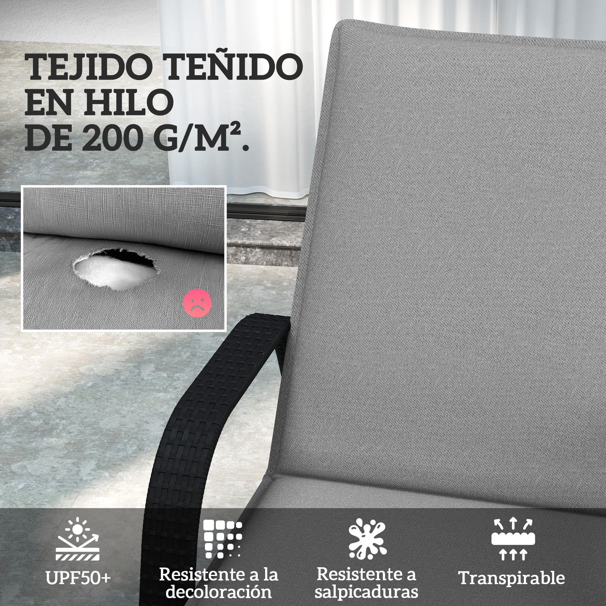 Outsunny Pack 2 Cojines para Tumbonas Plegables Colchonetas para Tumbonas de Jardín Exterior 193x58x6 cm con Correas de Sujeción Protección UV Resistente a Salpicaduras Gris