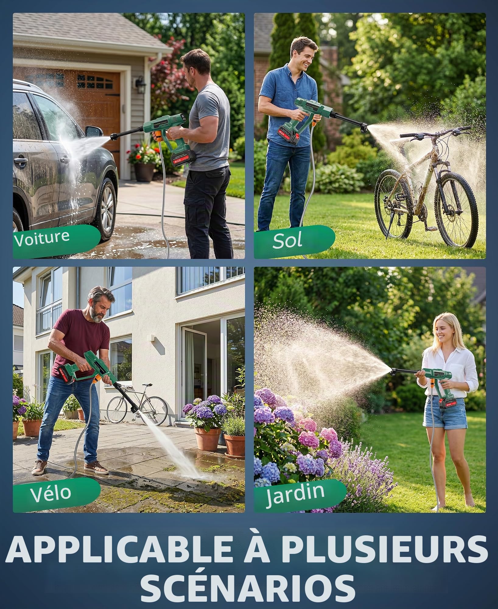 DeeprBetter Nettoyeur Haute Pression sans Fil, 600PSI Nettoyeur Haute Pression sur Batterie Rechargeable avec Buse Réglable 6-en-1, Pistolet Hautes Pressions sans Fil à 3 Vitesses réglables - Vert