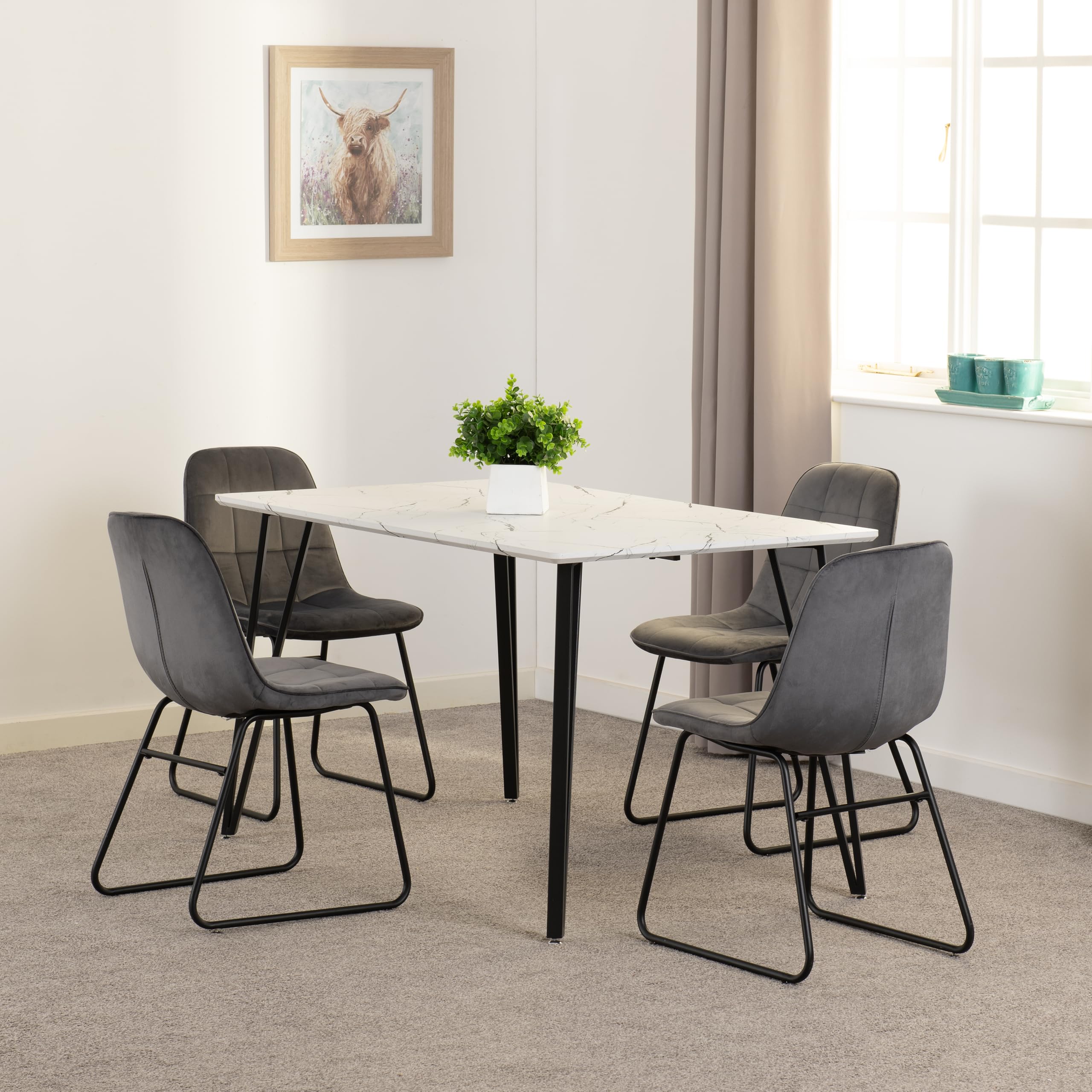 Seconique 4 Seater Dining Set White Marble Effect Grey Velvet