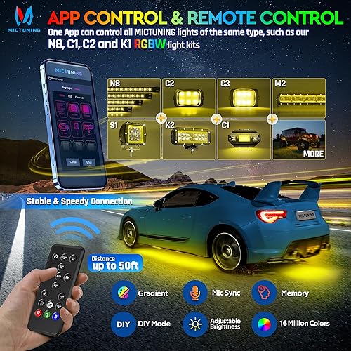 Miniatura 6 de MICTUNING N8 - Kit de luz LED RGBW de aluminio para automóvil, tira de luz multicolor para debajo de la carrocería, barra de luz de neón multimodo