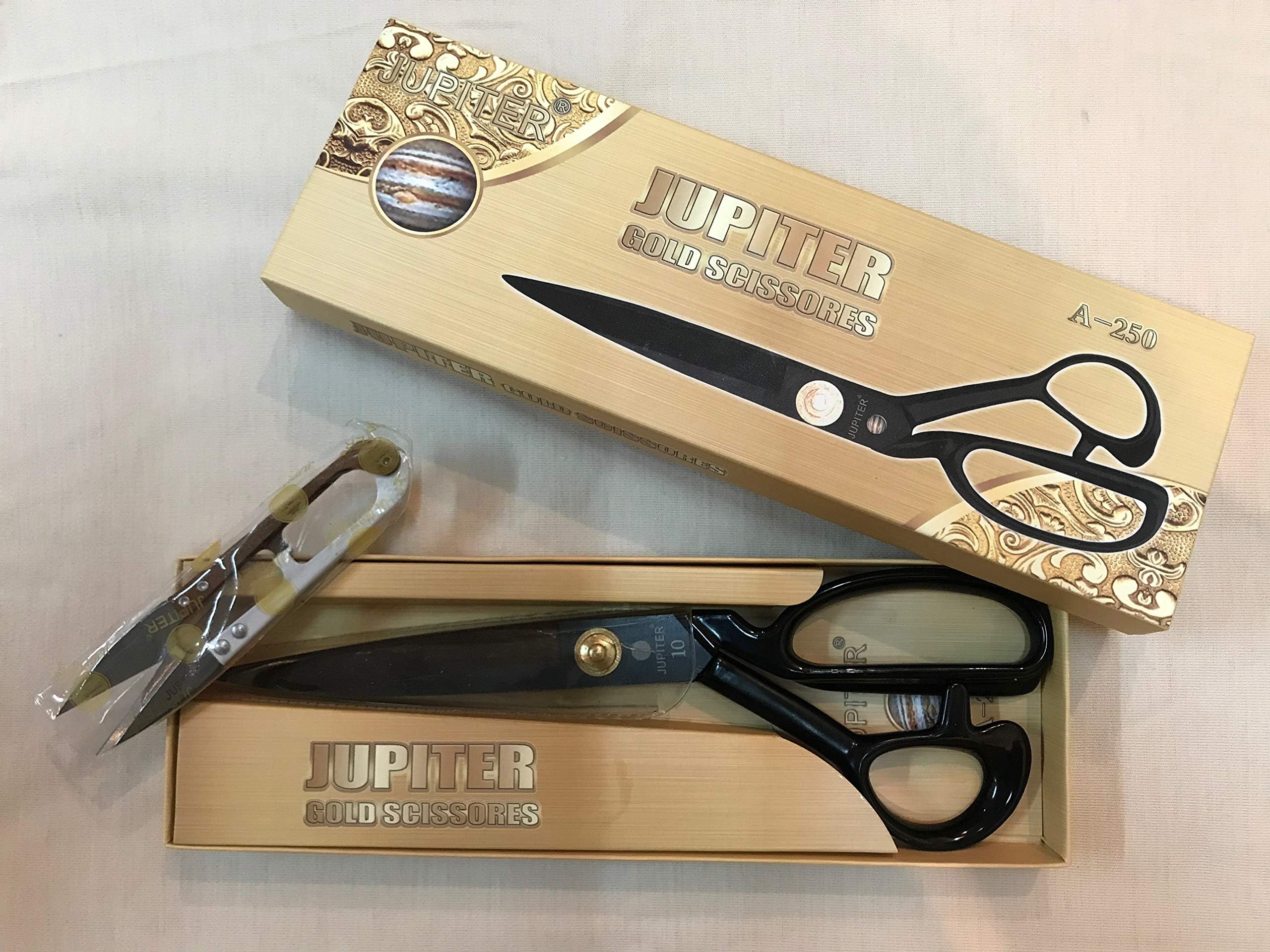 Jupiter Gold A-250, 10 Inches (Black) with Free cutter โ Heavy-Duty Fabric Cutting Shears for Cloth, Sewing, Dressmaking & Quilting | Sharp Carbon Stainless Steel Blades | Multipurpose Scissors.