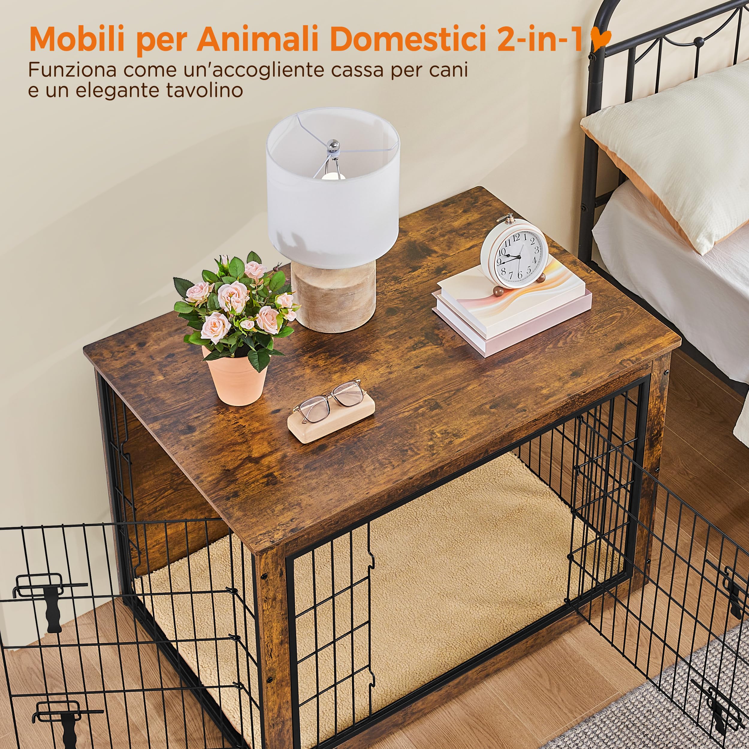 Yaheetech Gabbia per Cani Kennel Tavolino Armadietto con Doppie Porte Gatti a Rete in Legno da Interno (Marrone Rustico, 96 x 65 x 67,5 cm)