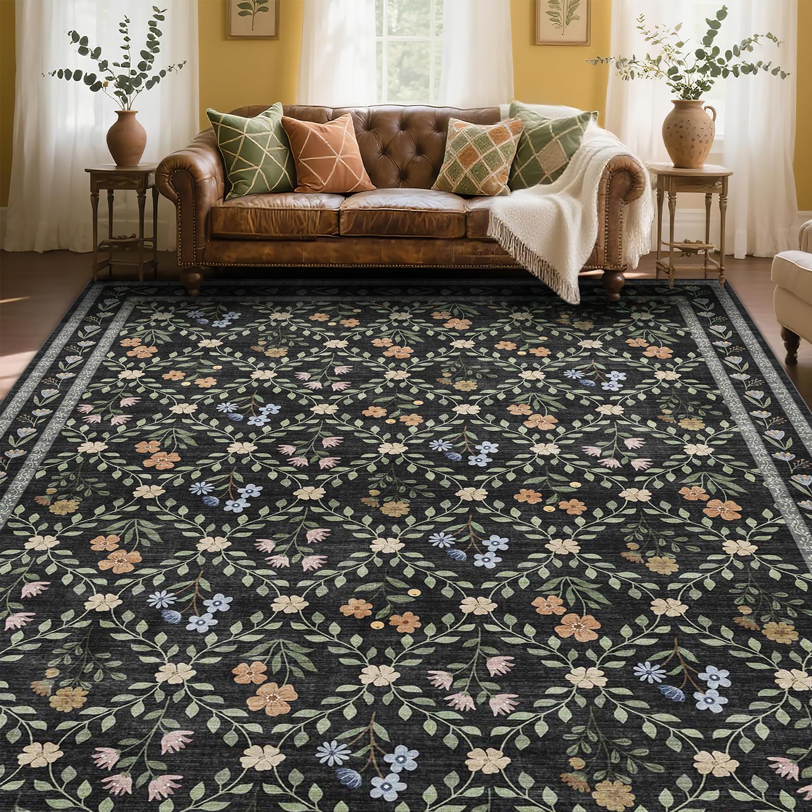 XSIVOD Floral Large Washable Rugs Living room, 180x270cm, Black/Lattice