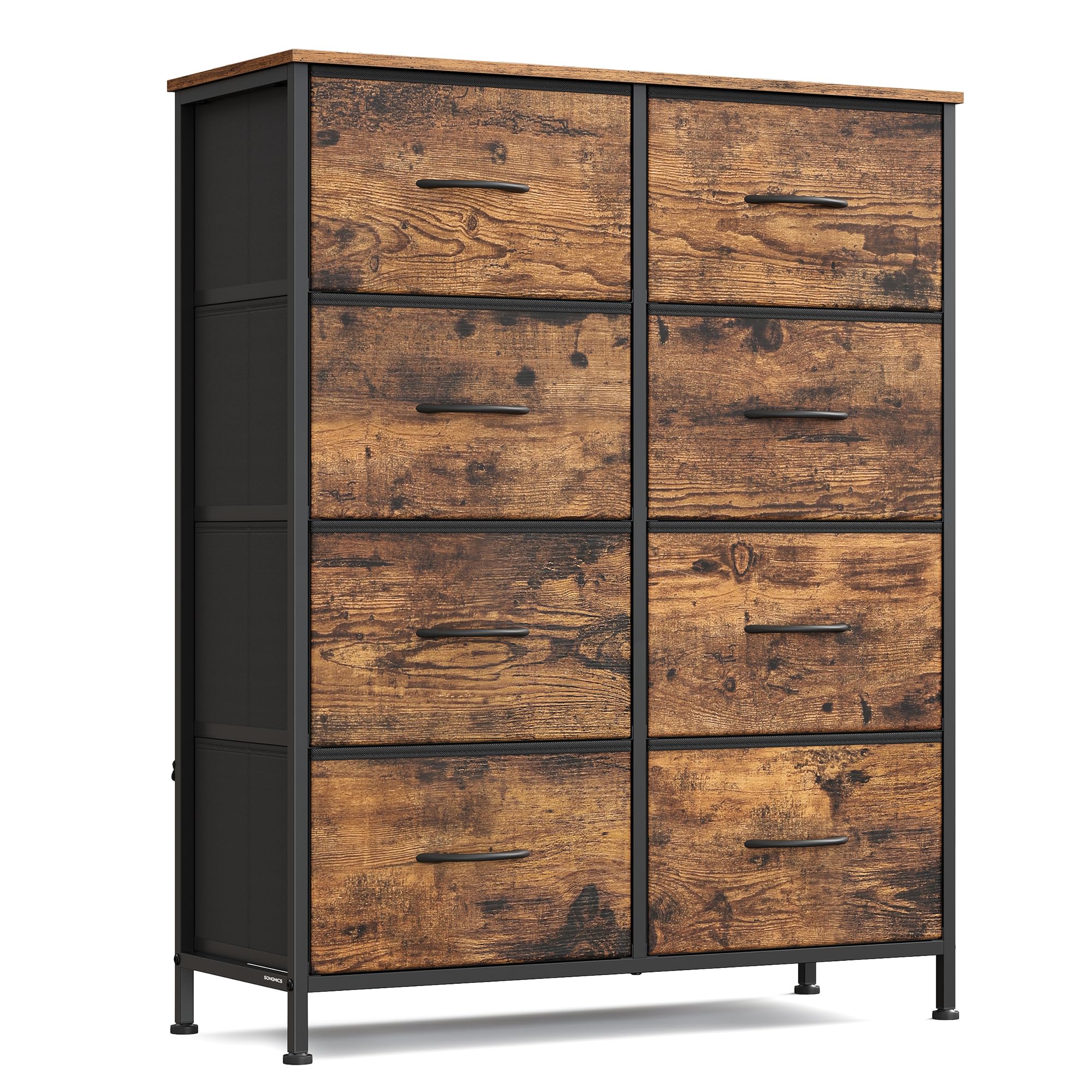 SONGMICS Dresser for Bedroom, Chest of Drawers, Steel, MDF, 8 Non-Woven Fabric Drawers, Storage Organizer Unit, Closet, Entryway, Rustic Brown and Ink