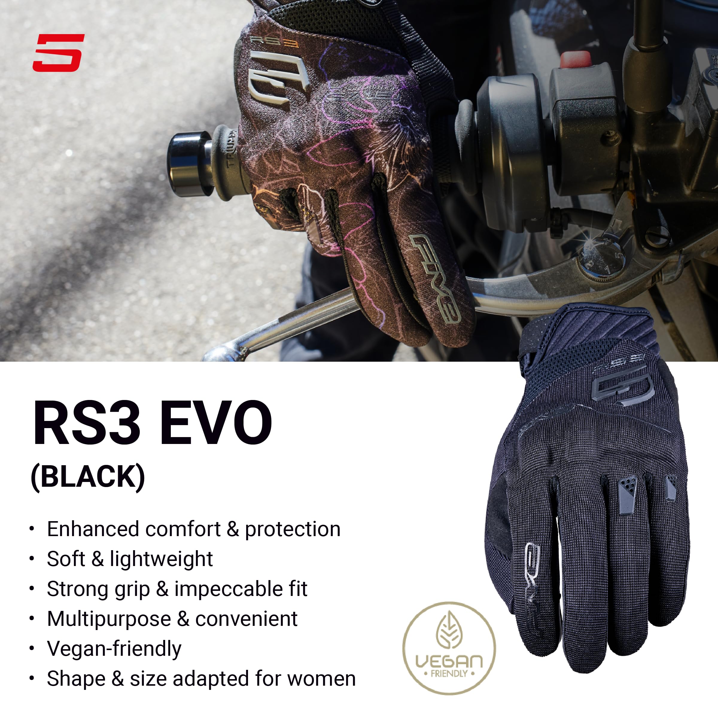 FIVE GLOVES RS3 Evo damskie rękawiczki motocyklowe dla kobiet, rękawiczki do jazdy na motocyklu, skuterze i innych, kwiat borealny/czarny, XS-XL