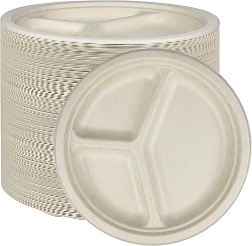 NYHI Platos de alta resistencia desechables de 10 pulgadas para adultos y niños, platos de papel de caña de azúcar, color marrón, ecológicos,