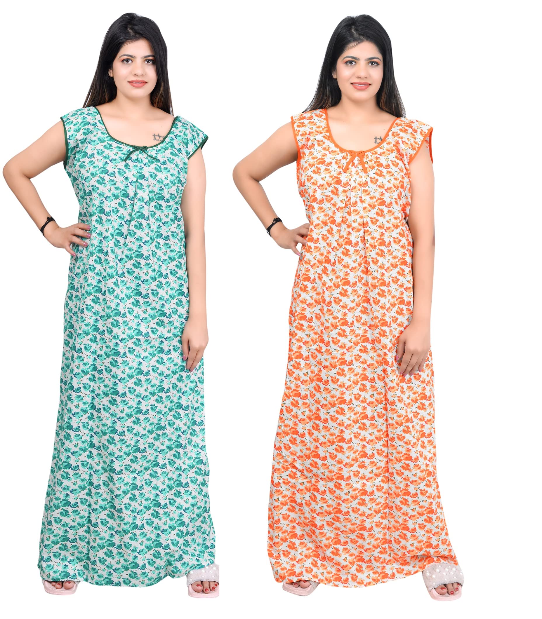 Magnen Women's Pure Cotton Rose Printed Sleeveless Maxi Nighty Dresses (Green&Orange) (Pack of 2)_(Free Size)