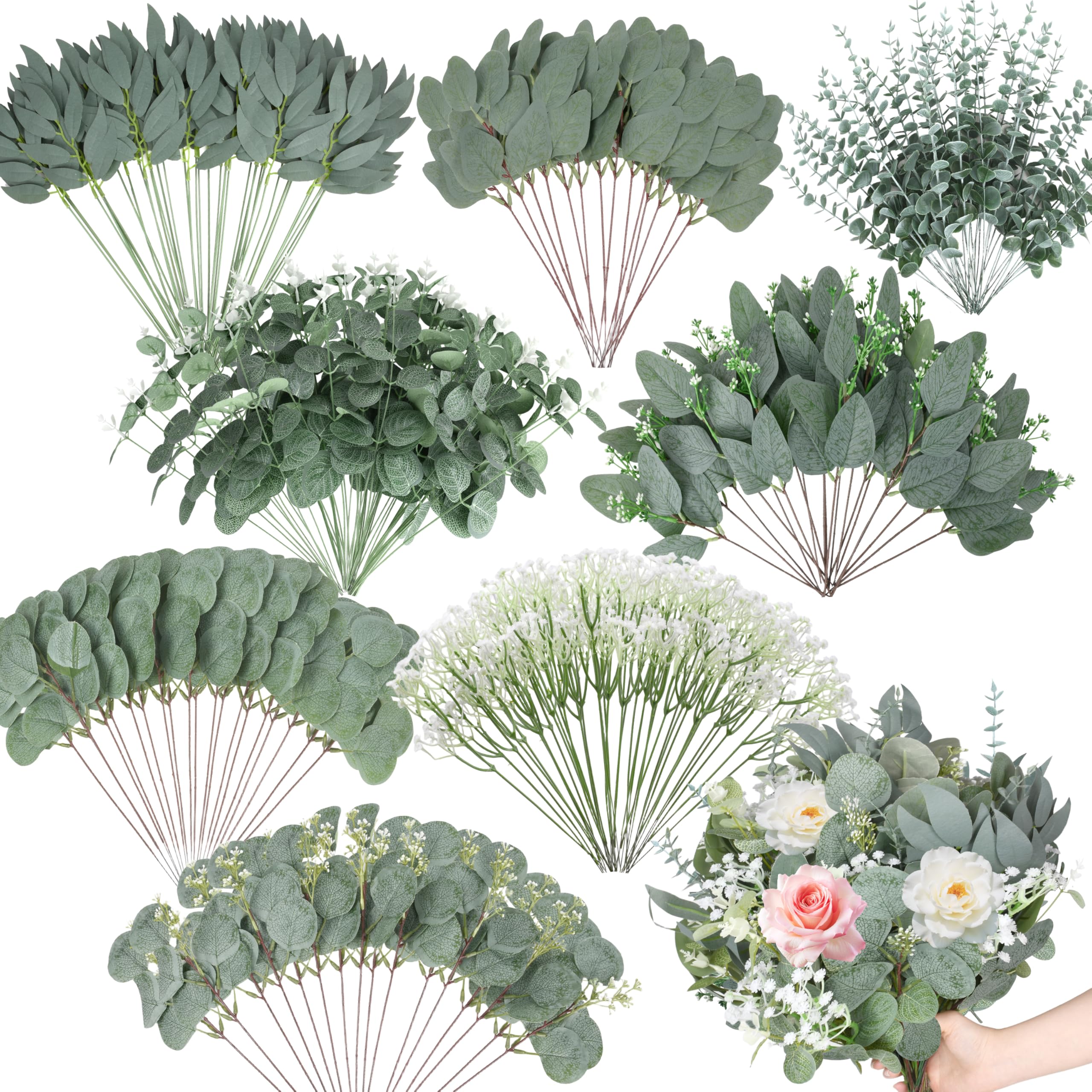 Palonu 200 Pcs Mixed Artificial Eucalyptus Stems