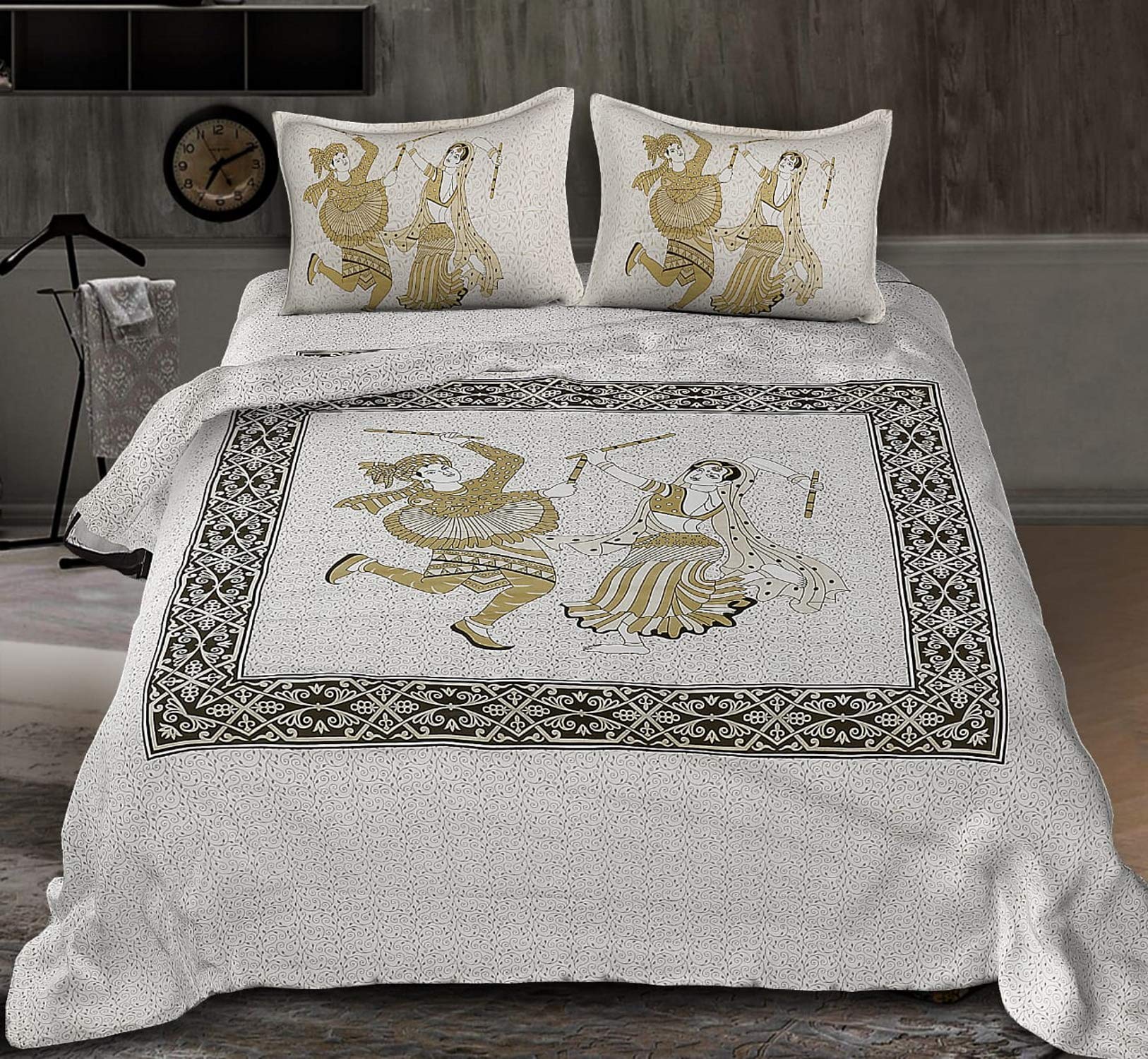 Drap de lit Dandiya Dance en coton Sanganeri Jaipuri 213x228 cm avec taies