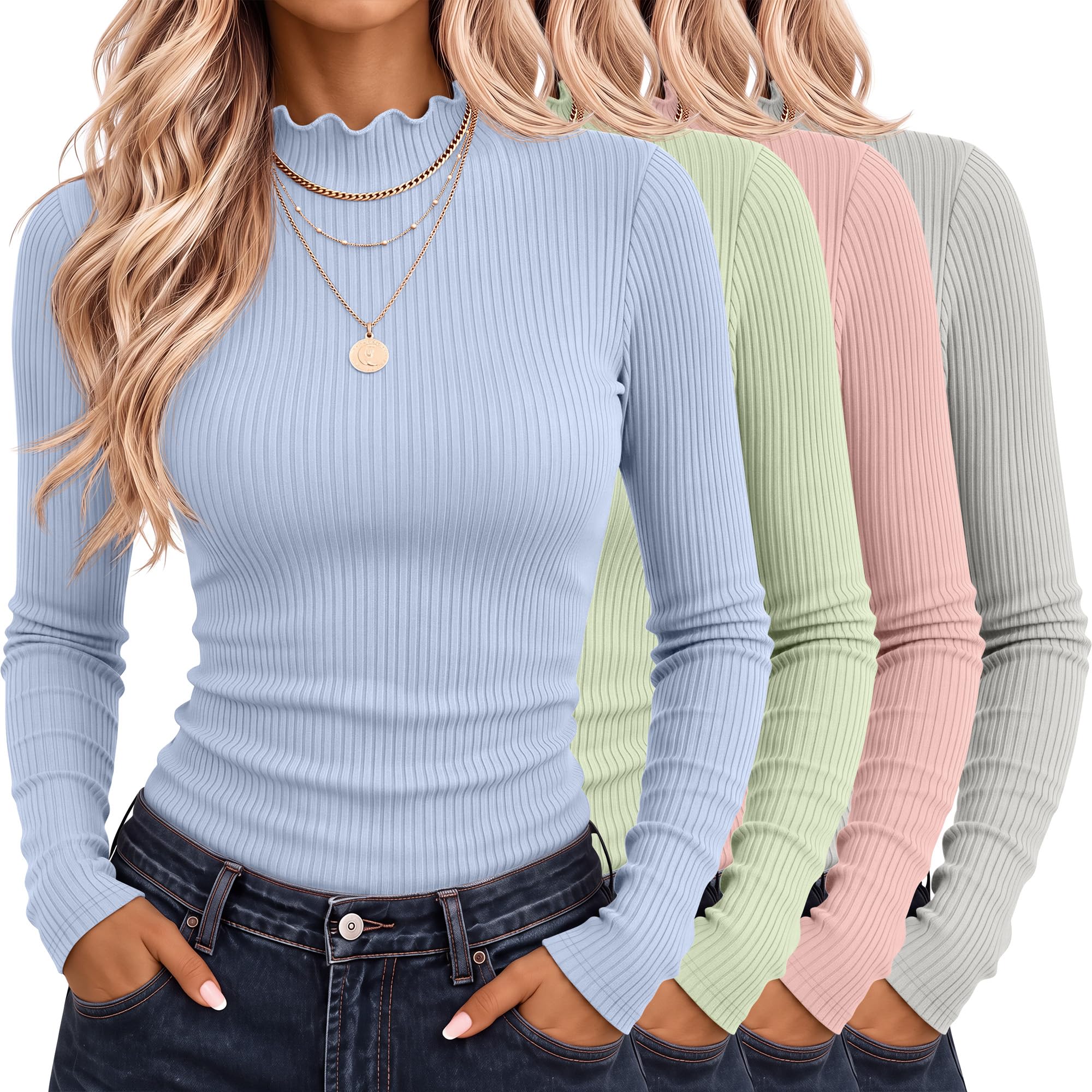 Riyiper 4 Pack Womens Cotton Mockneck Ribbed Long Sleeve Tops