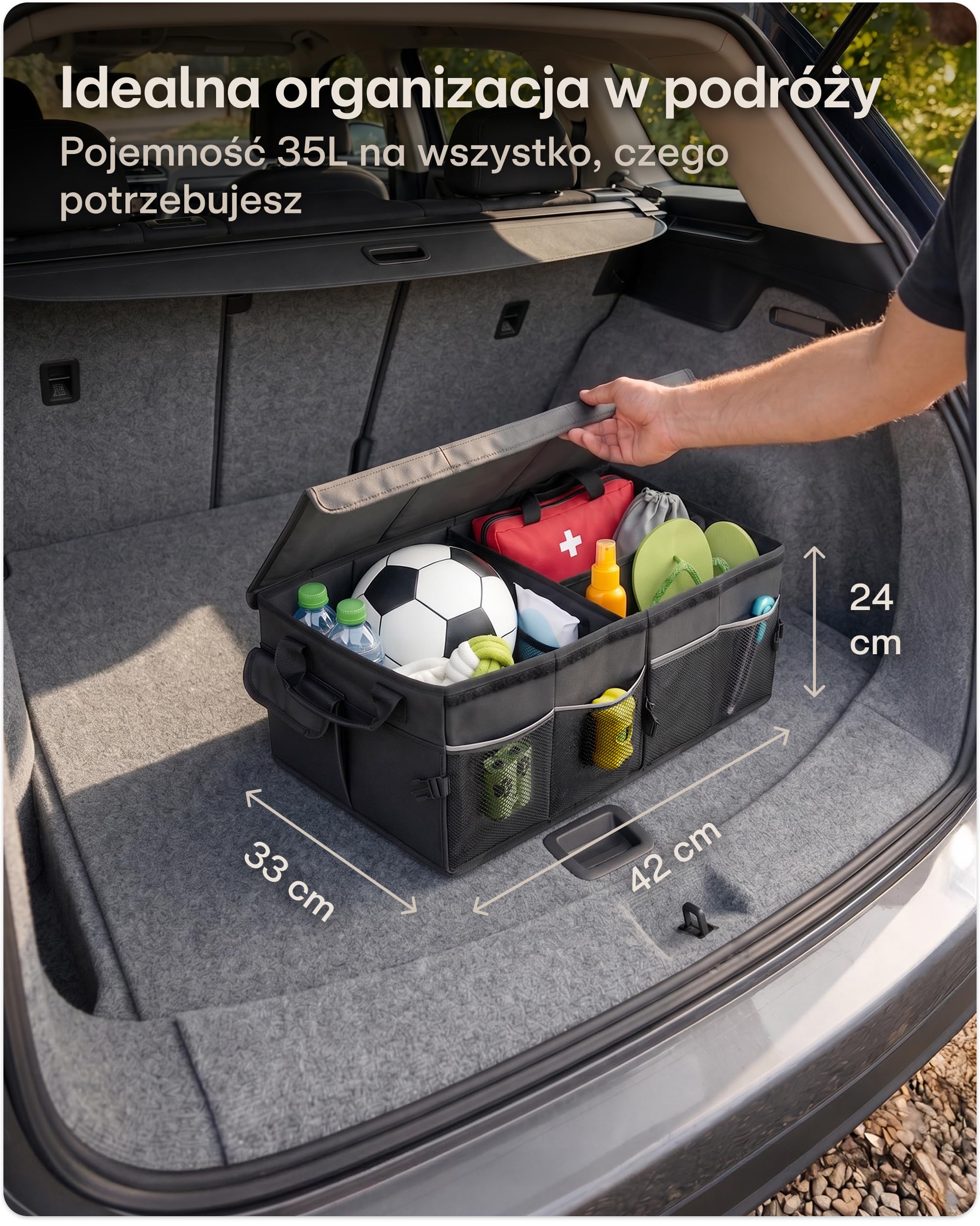 Praknu Organizer do Bagażnika z Pokrywą Mały 35L – Składany do 15L – 3 Przegrody z 11 Kieszeniami – Wodoodporny i Antypoślizgowy – Łatwy do przenoszenia - Idealny dla Uporządkowanego Bagażnika