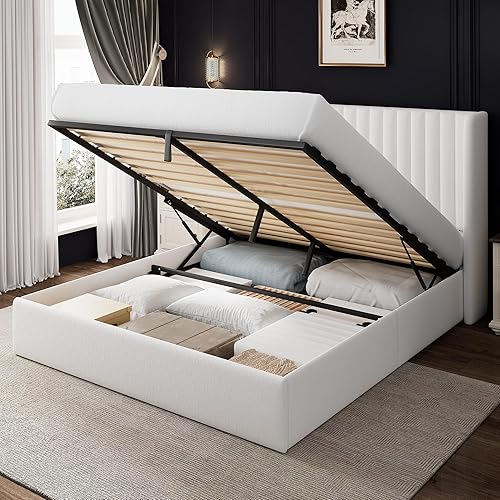 Queen Size Lift Up Storage Bed with Wingback Headboard, Upholstered