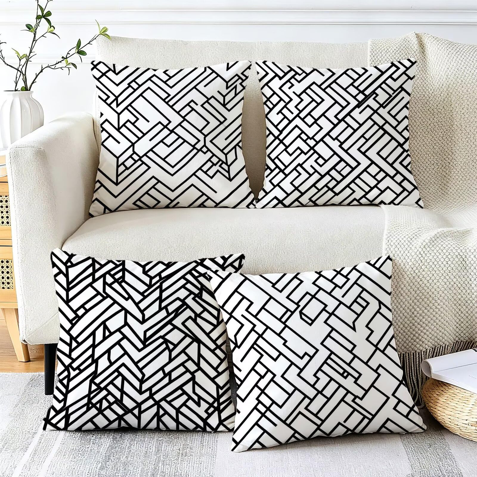 Cojines Exterior En Blanco Y Negro Funda Almohada 45x45 Juego de 4, Cod-473