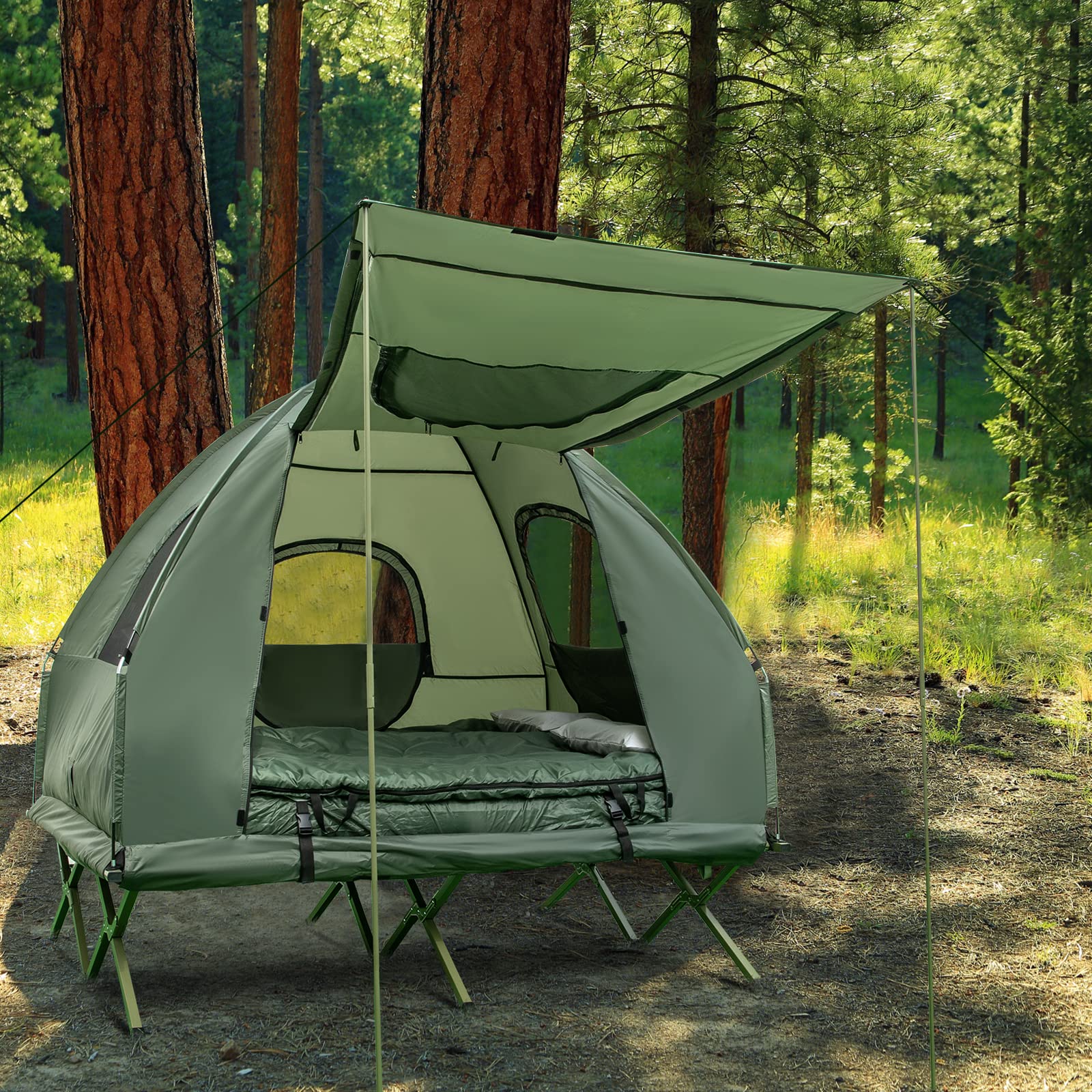 BANGTANE Tent Cot for Camping 2-Person, All-in-1 Folding Tent Combo w/Air Mattress, 2 Sleeping Bags, Carry Bag & Foot Pump, Off Ground Travel Cot for Hiking, Backpacking, Fishing & Picnic