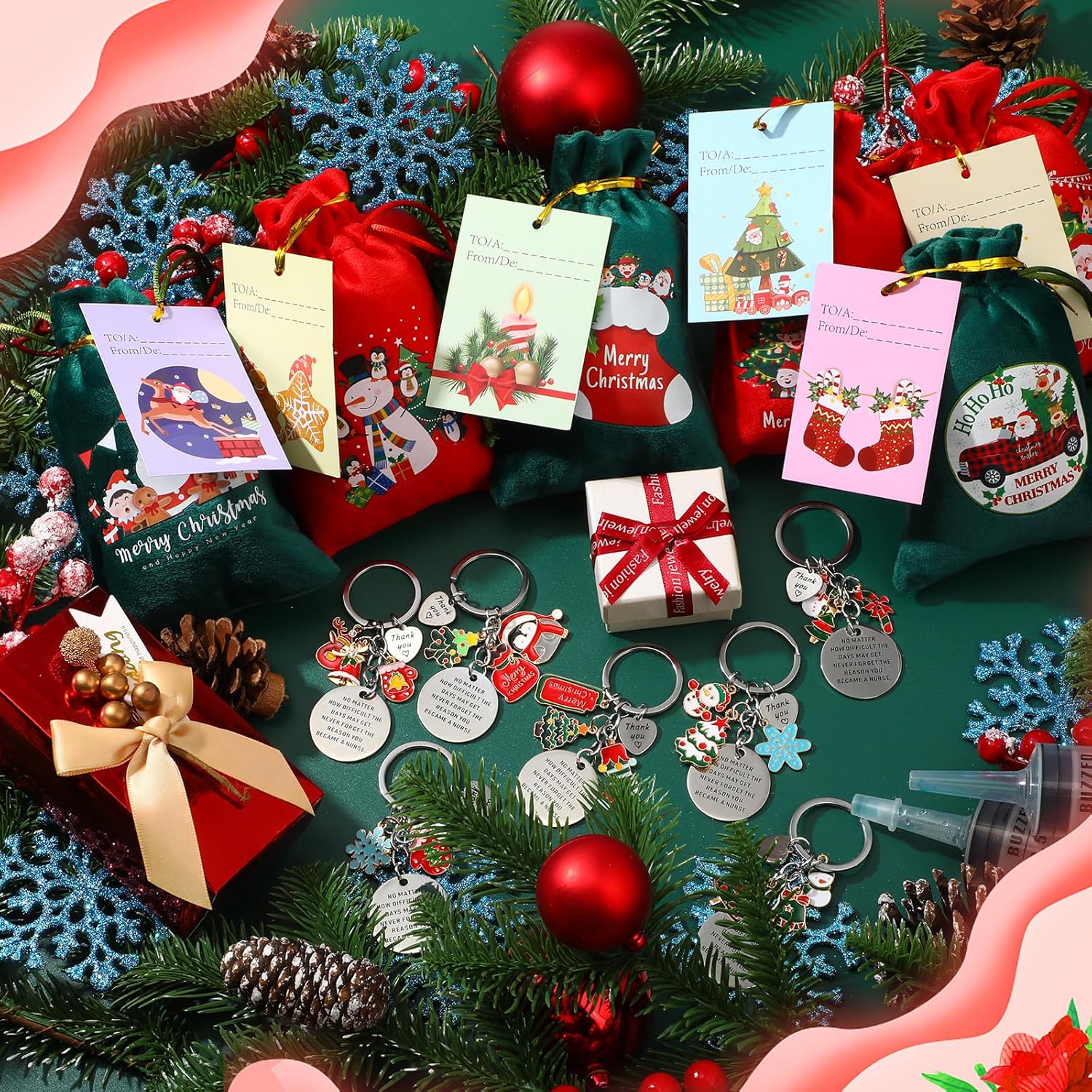 36 Pcs Thank You Gifts Nurse Inspirational Gift Appreciation Gifts for Employee Coworkers Appreciation Keychain with Flannel Drawstring Christmas Gift Bags Christmas Greeting Card for Nurse - Image 4