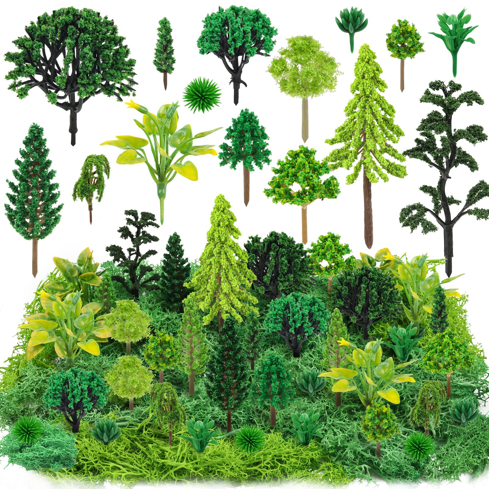 QUOZUO 36 Pcs Green Mixed Model Trees with 40g Moss, Diorama Plants Grass Mini Fake Miniature Trees Moss for Building Model Train Scenery, Natural Green Landscape, Railroad Scenery