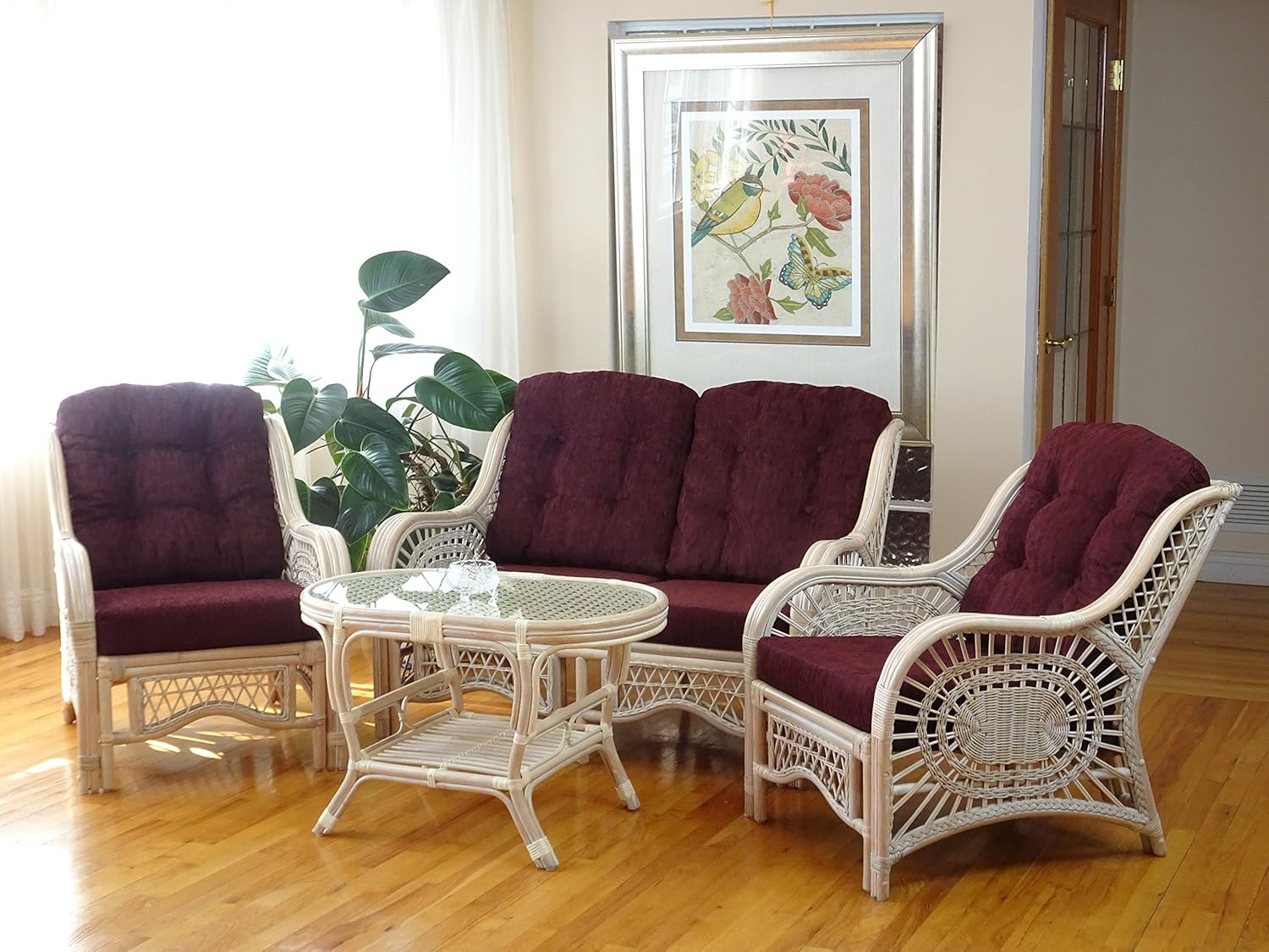 Lounge Malibu Loveseat Sofa ECO Natural Rattan Wicker Handmade Design with Burgundy Cushions, Cognac