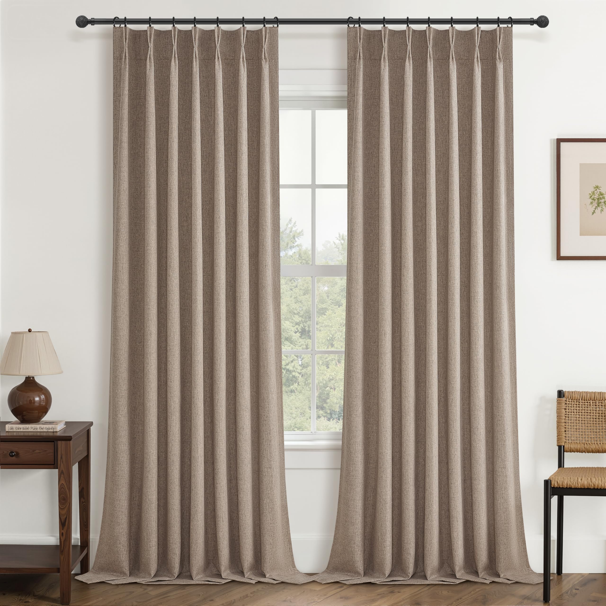 Dark Flax Linen Pinch Pleated Curtains 102 Inches Long Heavy Duty Thermal Insulated Extra length Burg for Dining Room Cottage Total Blackout 48/60/72 Wide Window Treatments Drapes with Hook 2 Panels โ image 1