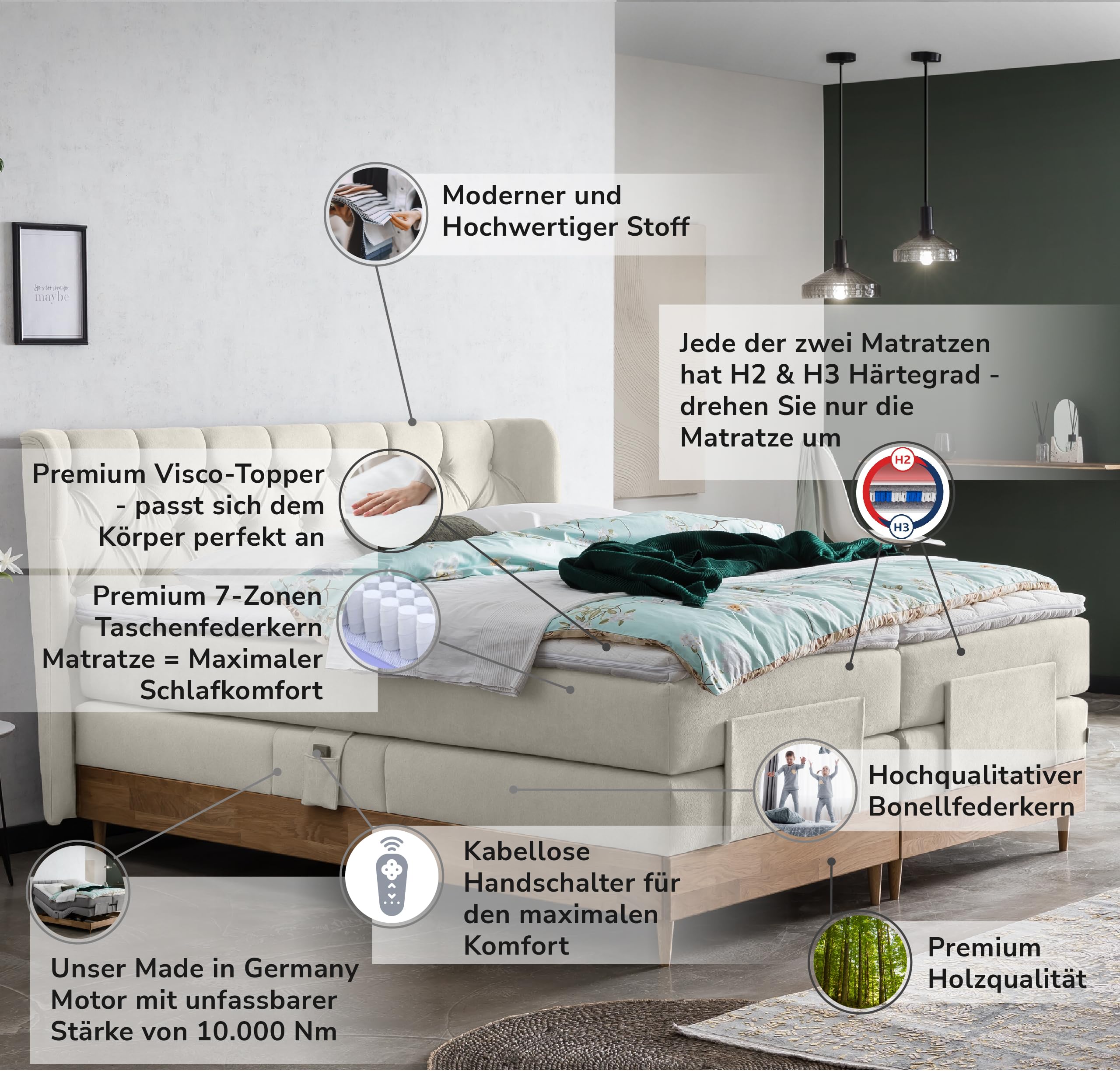 Belanoti EON Boxspringbett 180x200 elektrisch verstellbar 7-Zonen Taschenfederkern Matratze inkl Visco Topper Bett 180x200 mit Motor in der Farbe Beige H2/H3 Polsterbett Motorbett Massivholz Eiche