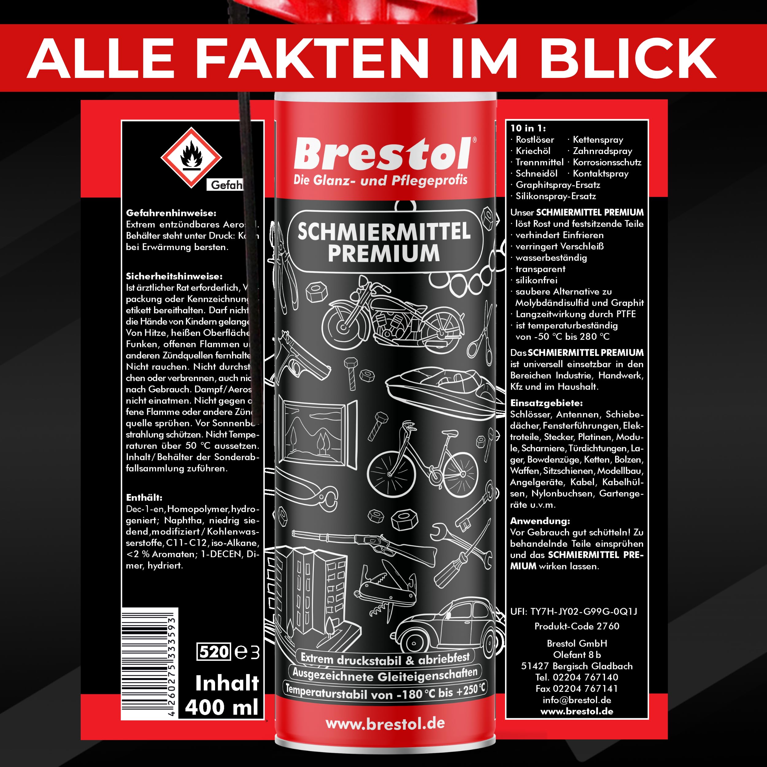 PTFE Spray 4x 400 ml - 10 in 1 Schmierspray auf PTFE-Basis Schmiermittel Kettenspray Rostlöser Kriechöl Schneidöl Trennmittel Korrosionsschutz Kontaktspray Zahnradspray Feuchtigkeitsverdränger