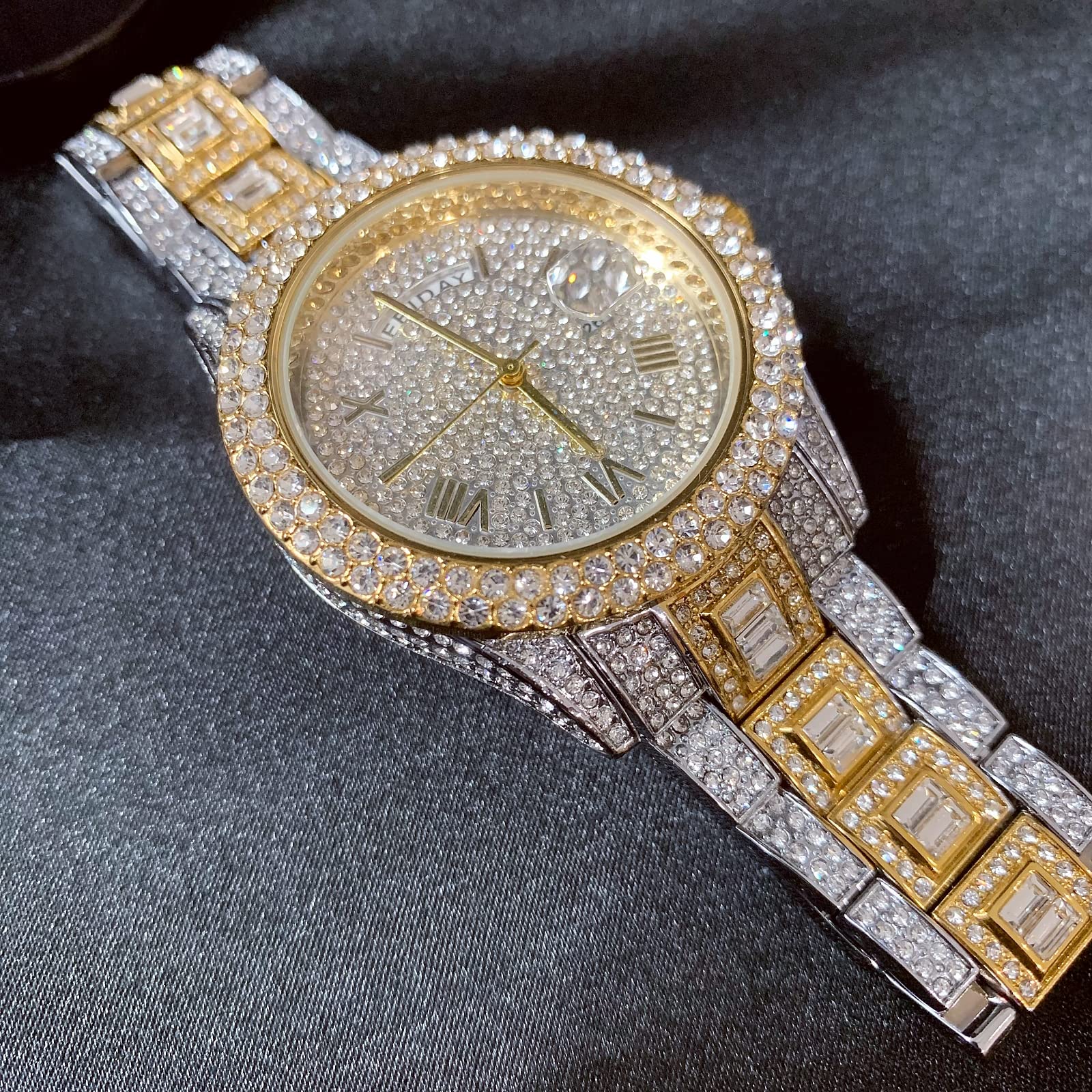 ICEDIAMOND Reloj de cuarzo con doble calendario de 43 mm, esfera redonda chapada en oro con fecha y visualización semanal, reloj de pulsera de diamantes de imitación para hombre, Mezclado, Moda