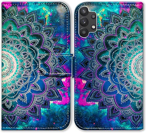 Bcov Funda para Galaxy A32 5G, diseño de flores con diseño de mandala y espacio para teléfono, con ranura para tarjetas, soporte para Samsung Galaxy
