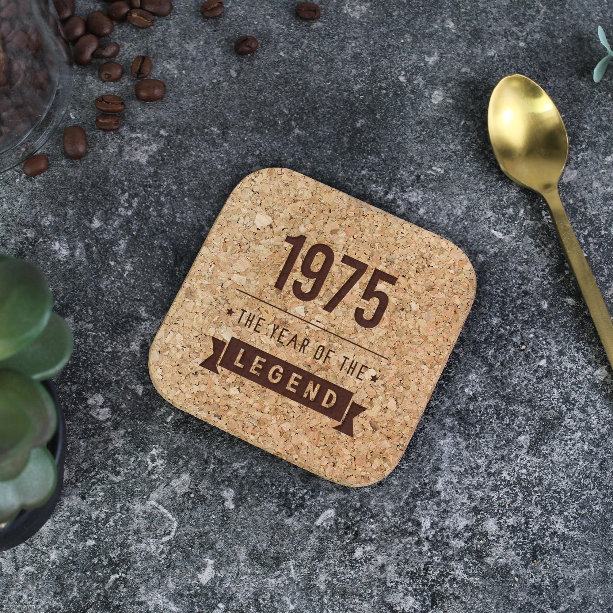 eBuyGB Engraved 1975 Year of The Legend Square Cork Coaster, 50th Milestone Birthday Gift for Men, Fiftieth Gift for Him