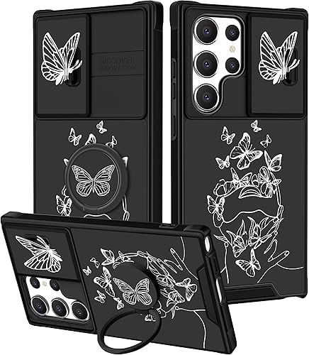 Funda 2 en 1 para Samsung Galaxy S22 Ultra para mujer, bonita funda de teléfono con diseño de mariposa blanca con funda para cámara y soporte de