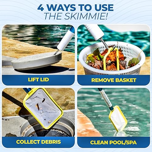 Miniatura 2 de The Skimmie (Versión Larga) Red Recogehojas de Piscina y Poste de 53" con Gancho de Acero Inoxidable, Dos Asas de Cesta Recogehojas, Red de Malla