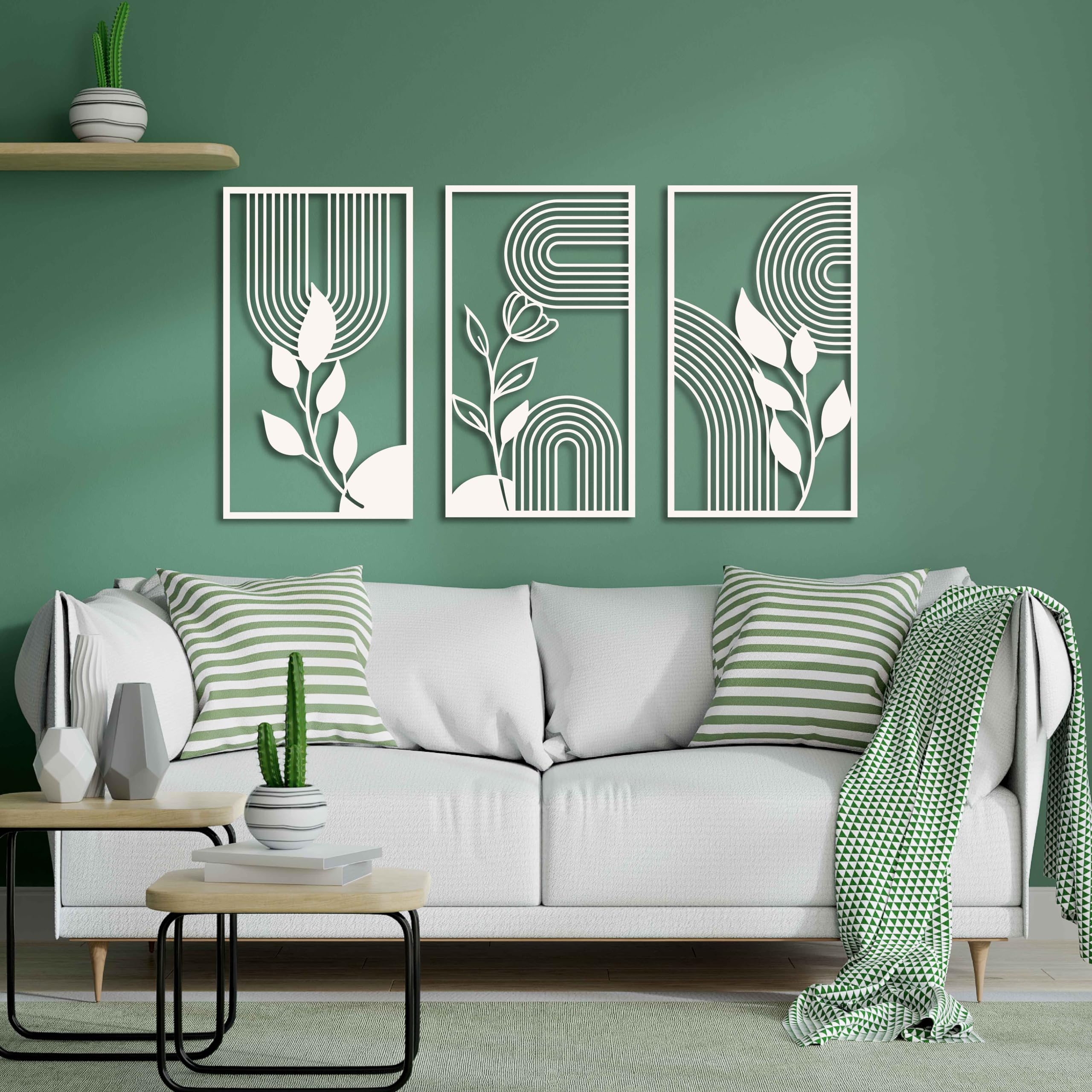 KAWA METALWORKS Moderne Metall-Wandkunst, florale Mitte des Jahrhunderts, moderne Wanddekoration über dem Bett, Blättern und Blumen, Boho-Wandkunst, ästhetisches Geschenk für Zuhause