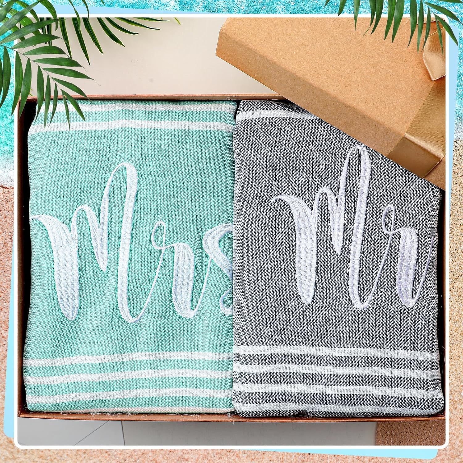 Preboun 2 Pcs Mr and Mrs Turkish Beach Towels Wedding Embroidery Bathroom Hand Towels Decorative Stripe Turkish Honeymoon Newlywed Couple Wedding Gift 71 * 39 Inch(Grey, Lake Blue)