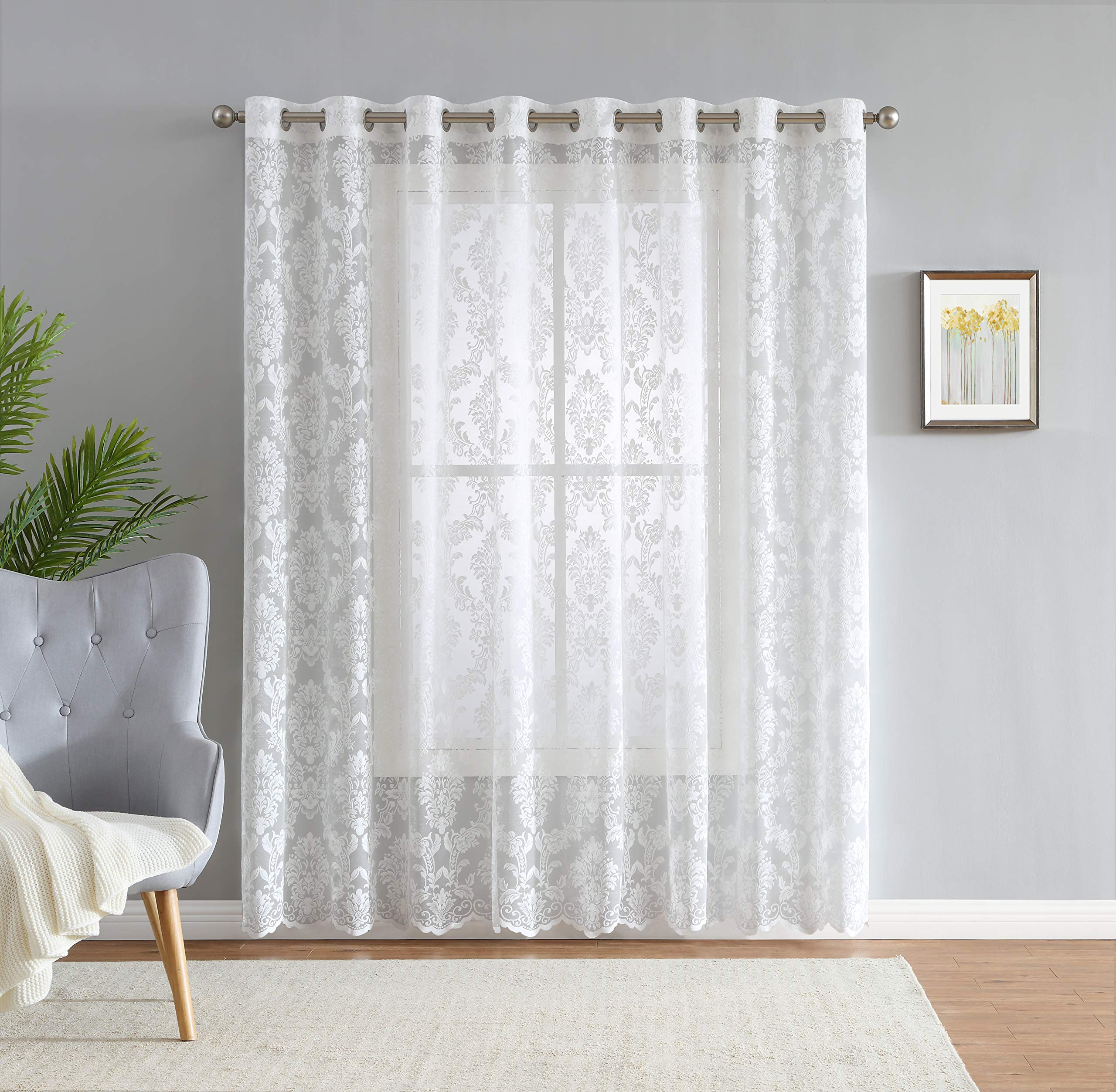 LinenZone Lace Patio Door Curtains with Damask Pattern. Extra Wide Curtains,for Patio or Sliding Windows or Doors. (Fiona, 102 x 84 Ivory)