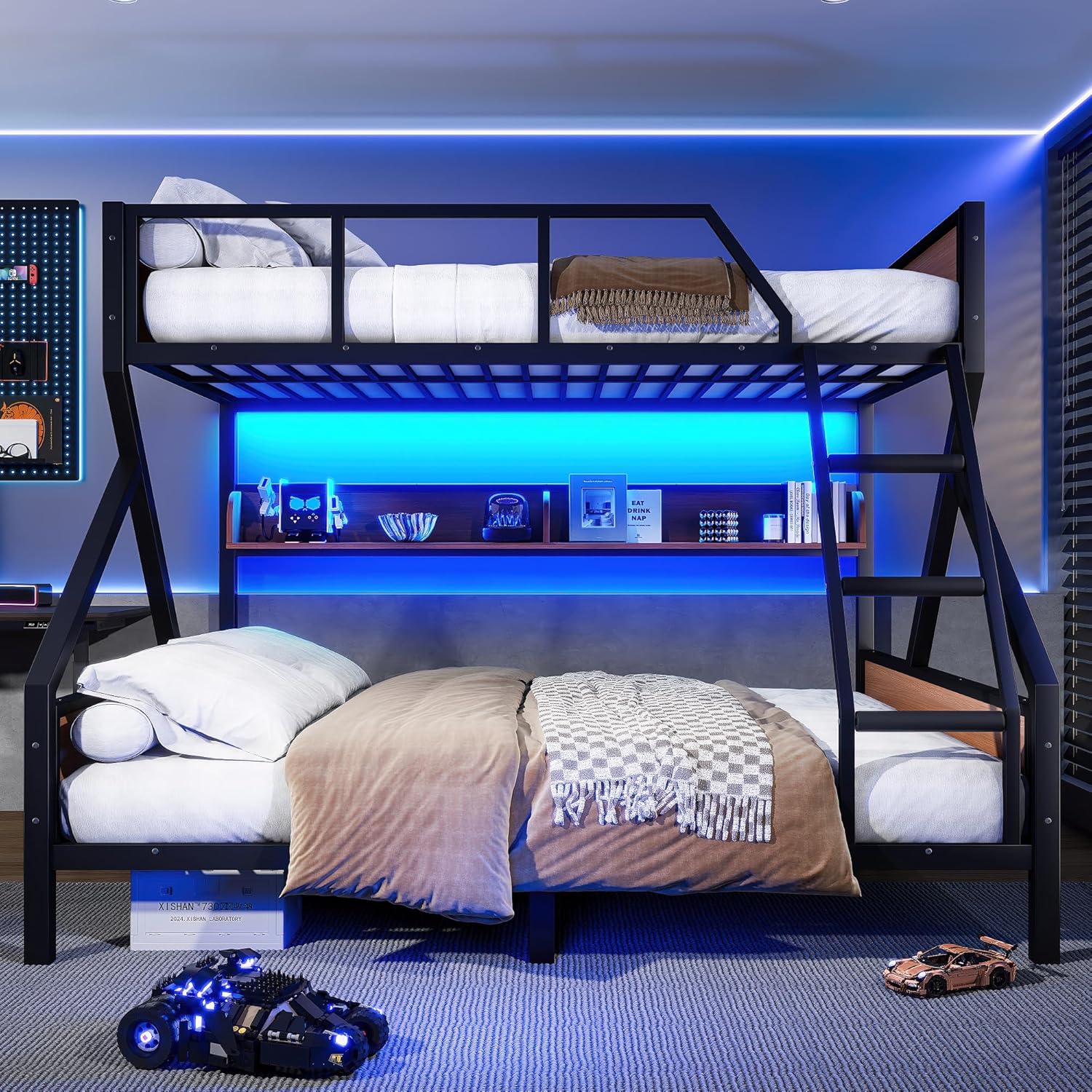 Bellemave Queen Over King Bunk Bed with Storage Shelves and LED Lights, Metal Bunk Beds with Ladders, Heavy-Duty Bunkbed Frame for Guest Room, Bedroom, Home Office, Dorms, Noise-Free, Black