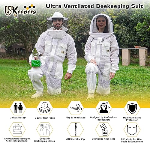 Miniatura 3 de US-Keepers - Traje de abeja ultra ventilado de 3 capas para hombres y mujeres, traje de apicultura prémium con guantes de abeja y dos velos de Blanco