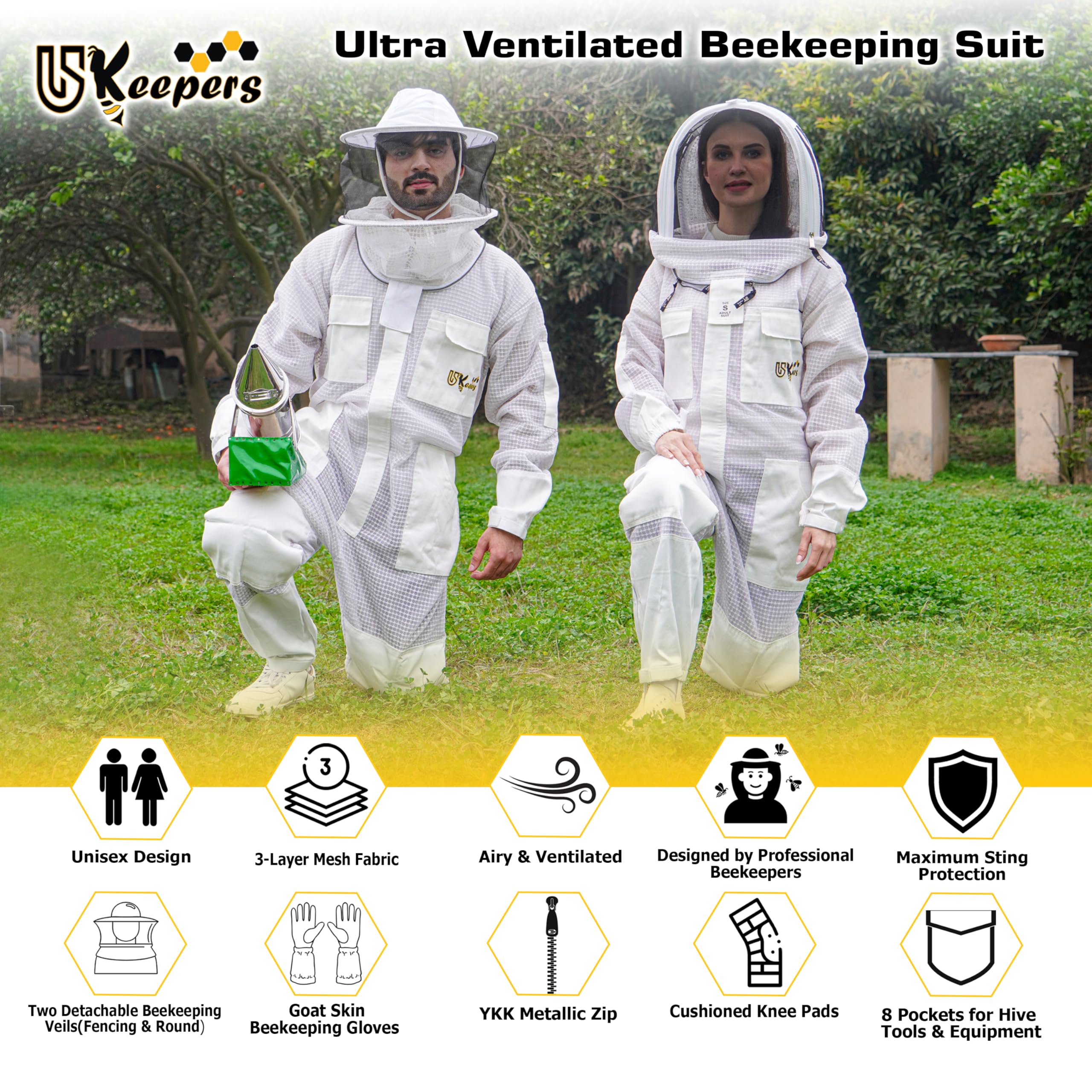 US-KEEPERS - Traje de abeja de 3 capas, traje de apicultura ventilado para hombres y mujeres, traje de apicultores con guantes de abeja y 2 velos de apicultura