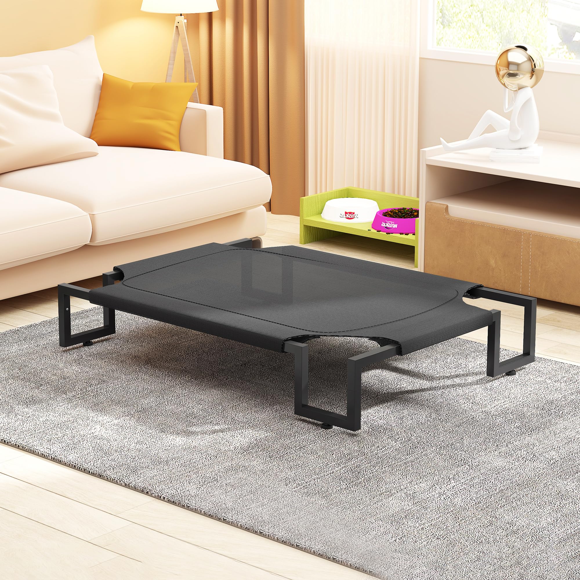 Lit pour Chien surélevé,Tapis Rafraichissant Chien,Lit Surelever de Camp pour Animaux de Compagnie Intérieur Extérieur,Panier Sureveler Chien Lavable Respirant,Cadre métallique Robuste,Noir