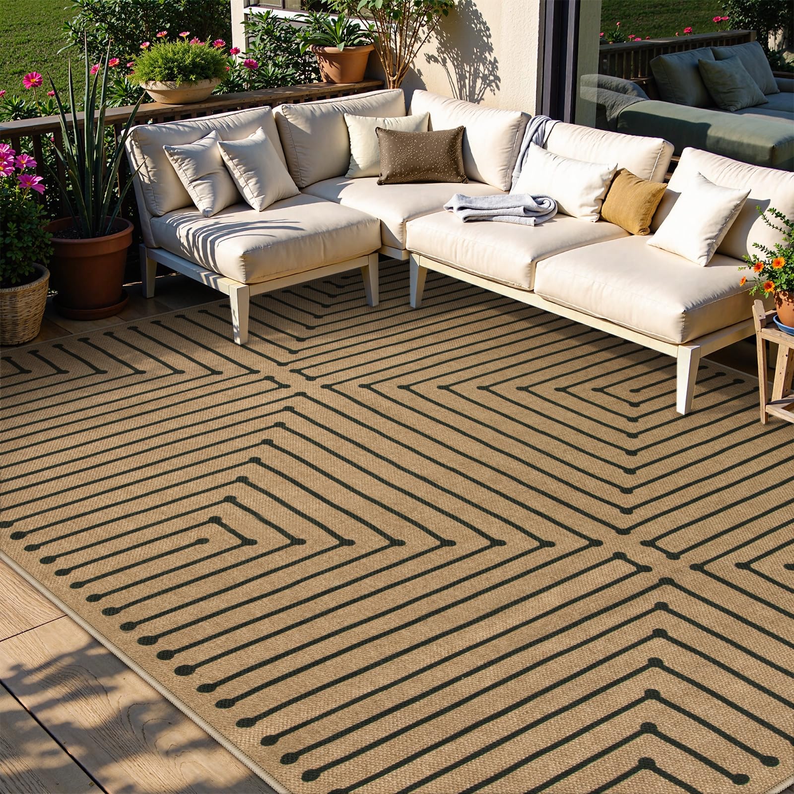 Lahome Neutral Geometric Washable Rugs 8x10, Farmhouse Living Room Outdoor Patio Rug, Nature Rhombus Non Slip Non Shedding Indoor Outdoor Carpet for