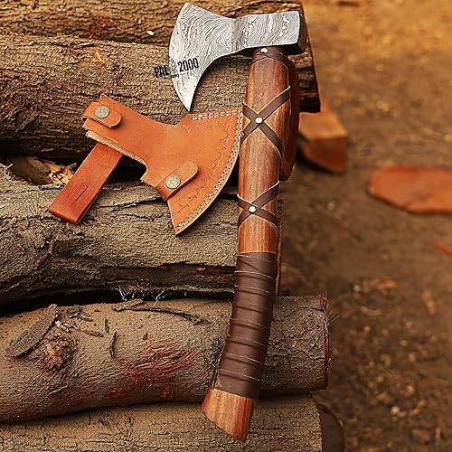 Miniatura 5 de Hacha de acero de Damasco hecha a mano, hacha de hacha Tomahawk, cuchillo, mango de madera de rosa maciza, pulgadas, hacha