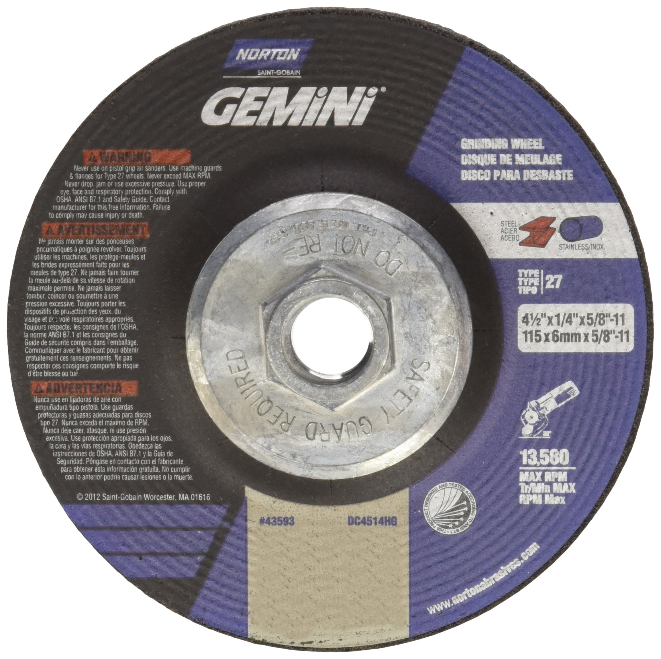 Norton Gemini Depressed Center Abrasive Wheel, Type 27, Aluminum Oxide, 5/8