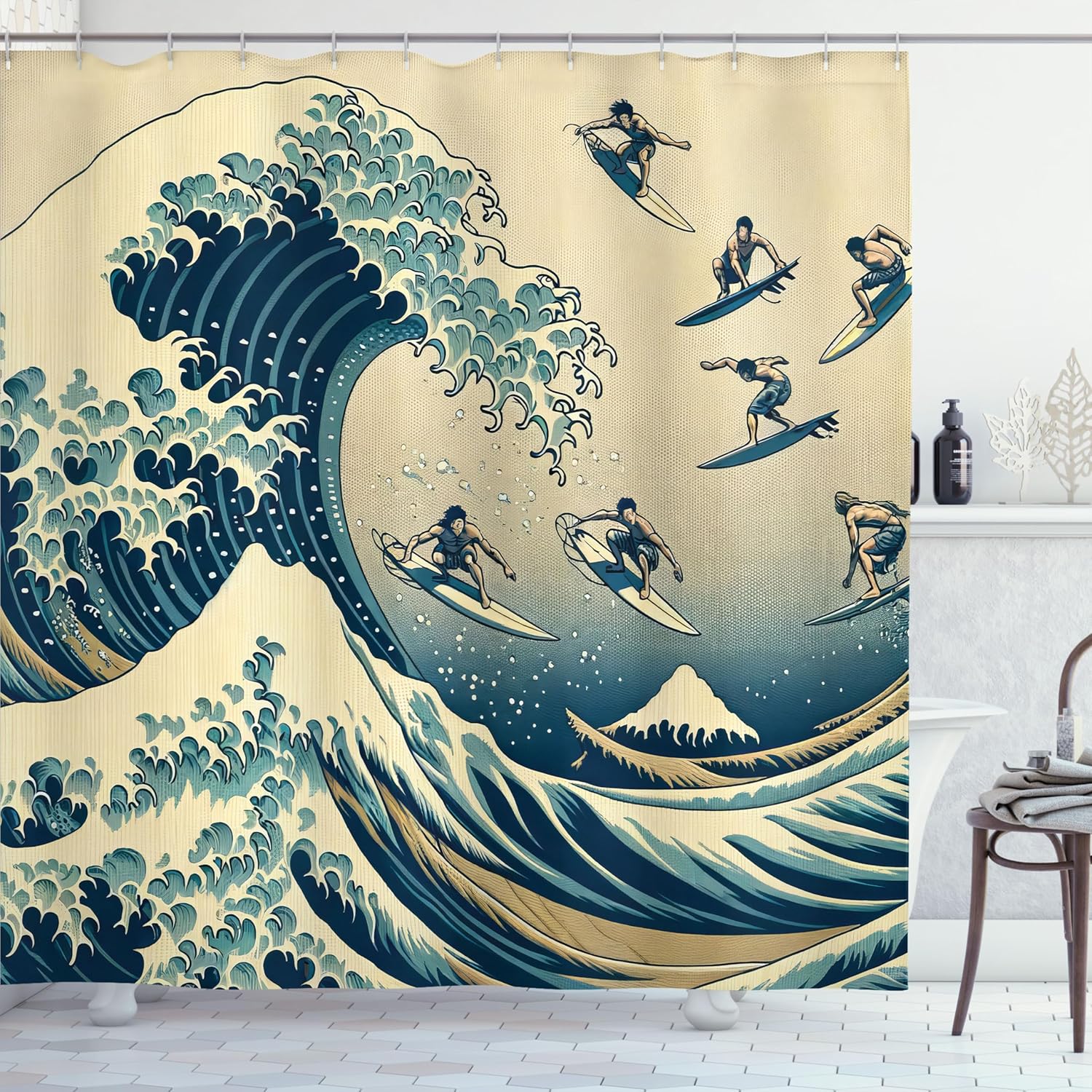 Ambesonne Ukiyo-e Wave Shower Curtain, Classic Japanese Ocean Painting with Flying Surfers Asian Folk, Cloth Fabric Bathroom Decor Set with Hooks, 69" W x 70" L, Navy Blue Ivory Seafoam