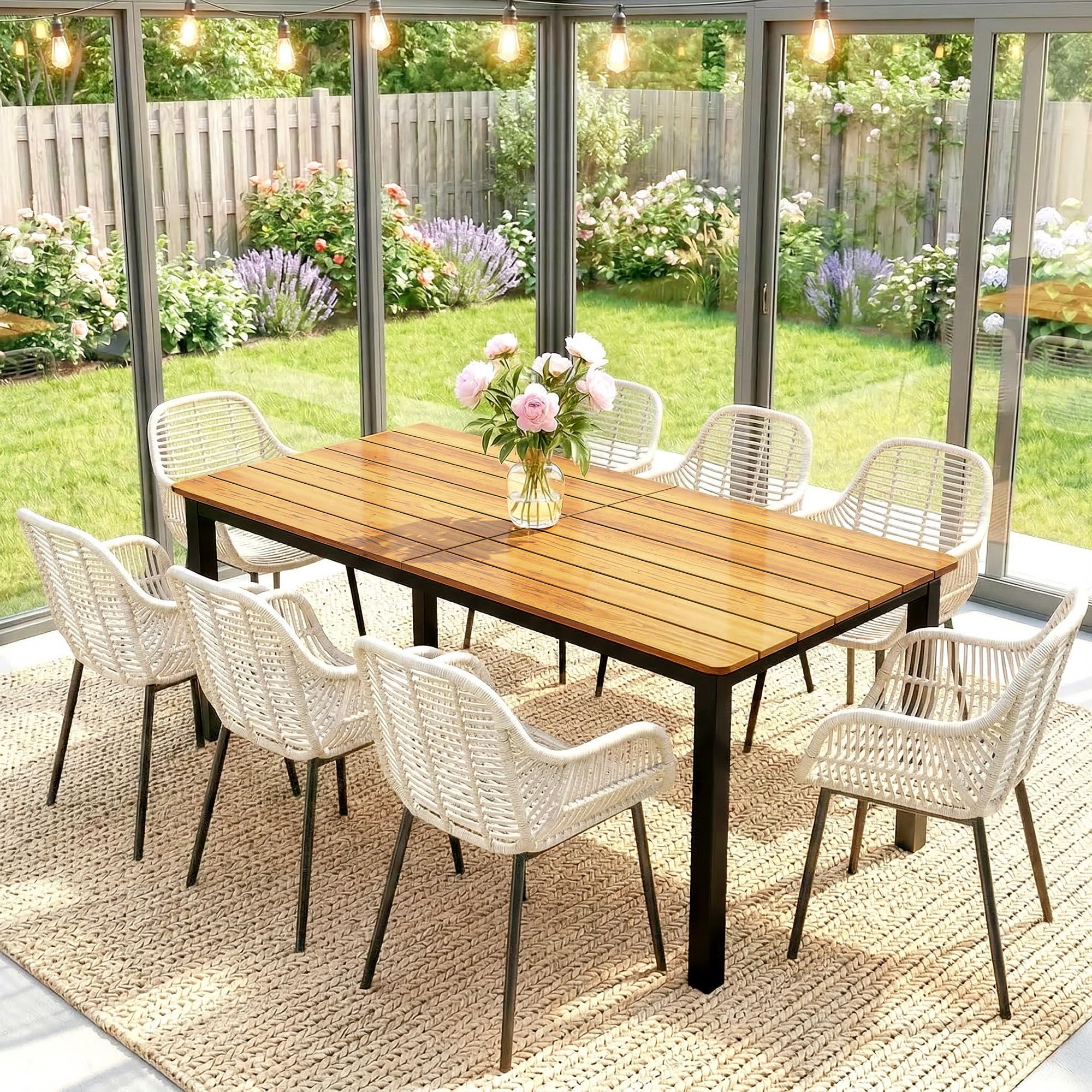 Outsunny Tavolo da Giardino per 6-8 Persone 180x86x74 cm, Tavolo da Pranzo Esterno Rettangolare con Piano a Doghe in Legno di Larice, Struttura in Acciaio per Patio Terrazzo Balcone, Color Teak