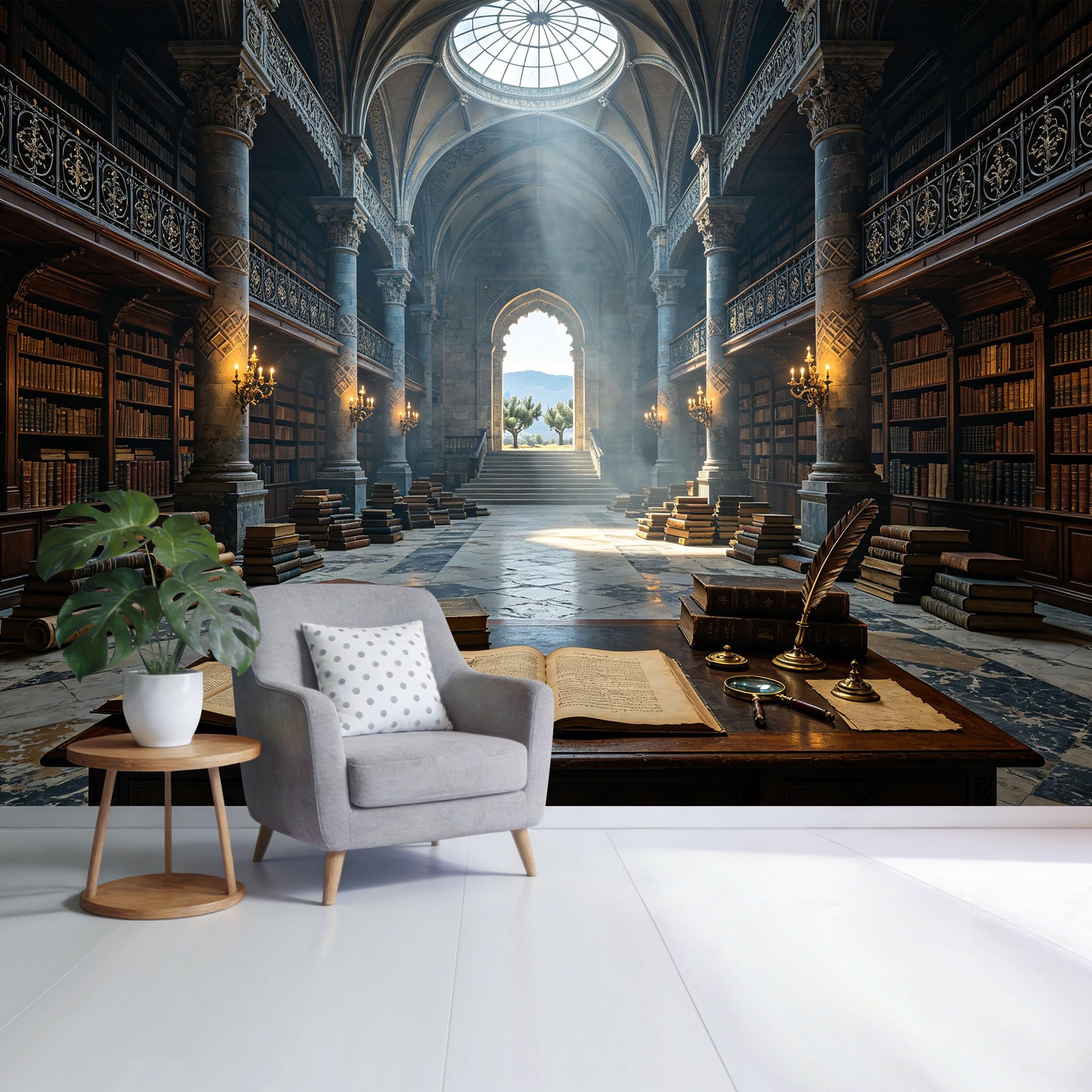 Custom Size Wall Mural Antique Library Bookshelf Interior 3D Trompe L'Oeil Removable Self Adhesive Fabric Home Wall Decor for Living Room Bedroom Bathroom