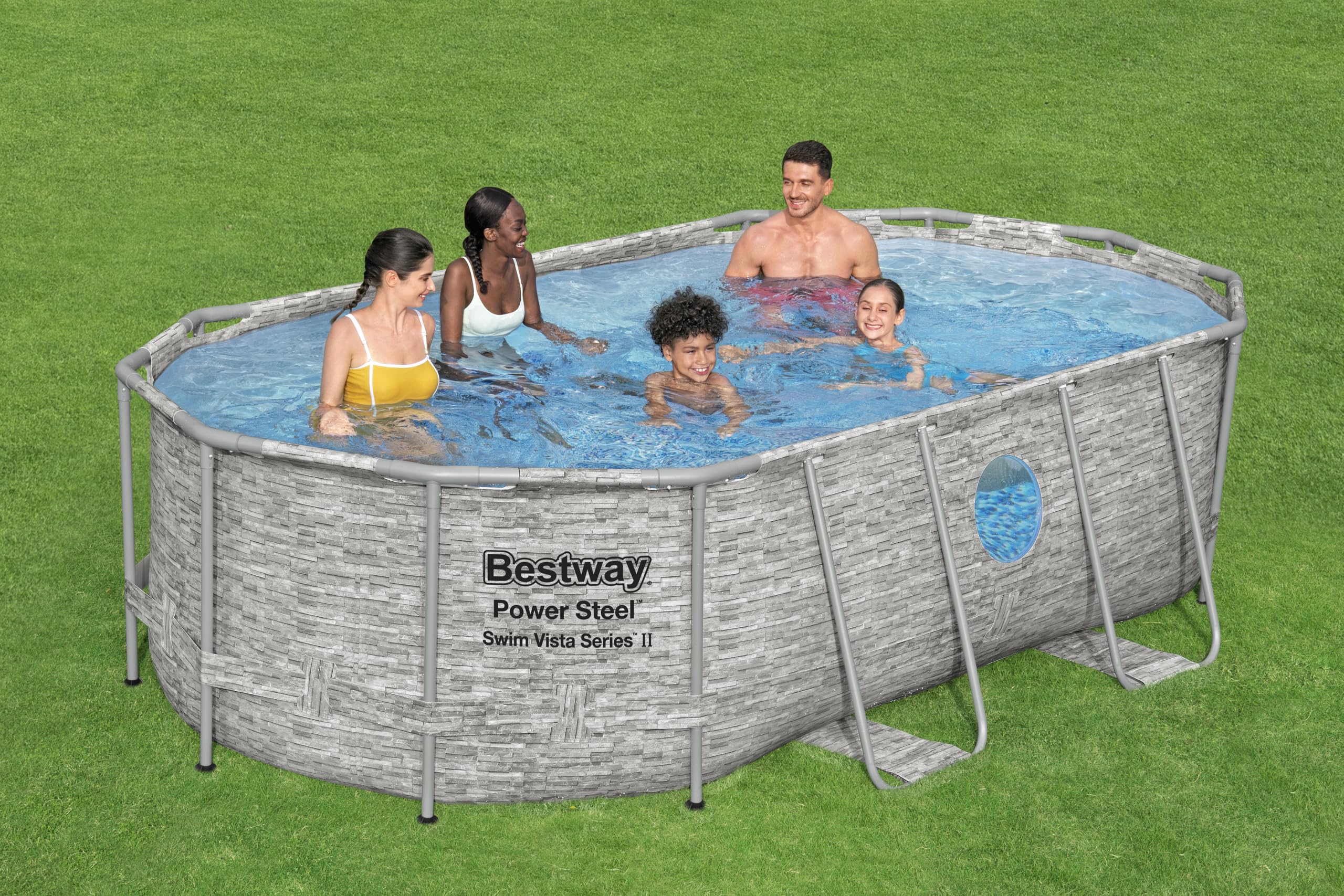 Bestway Power Steel Swim Vista Series Frame Pool Komplett-Set 427 x 250 x 100 cm Steinwand-Optik Cremegrau oval