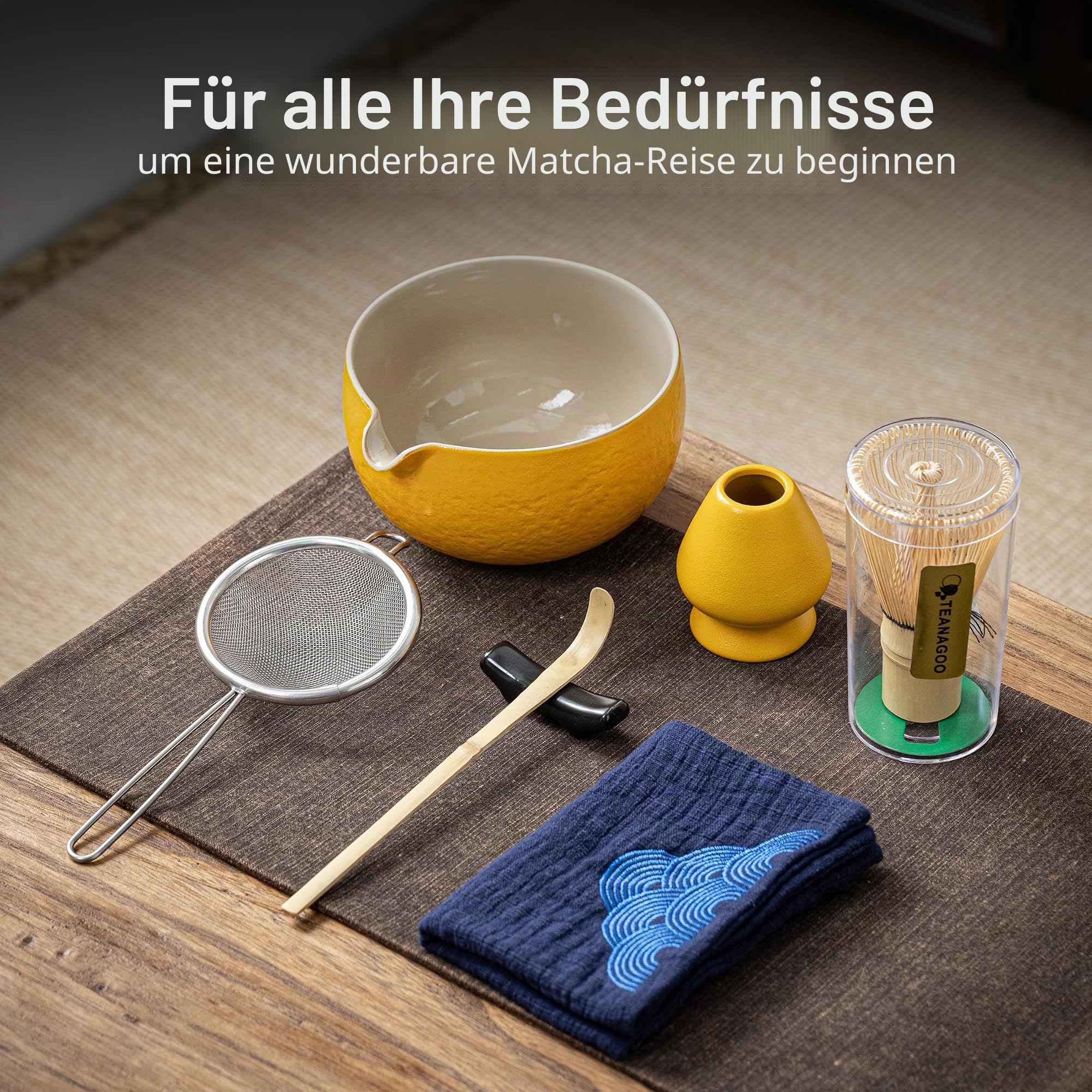 Japanisches Tee-Set (7 Stück) Matcha-Schneebesen-Set Matcha-Schüssel mit Ausgießer Bambus-Matcha-Schneebesen (Chasen) Schaufel (Chashaku) Matcha-Schneebesenhalter Teezubereitungsset. N18, Orange